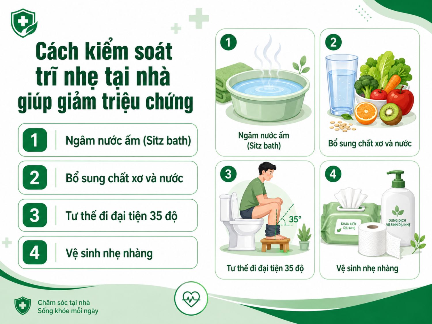 Ngâm hậu môn bằng nước ấm, tăng chất xơ, uống đủ nước và duy trì tư thế đại tiện phù hợp có thể hỗ trợ giảm triệu chứng trĩ nhẹ.