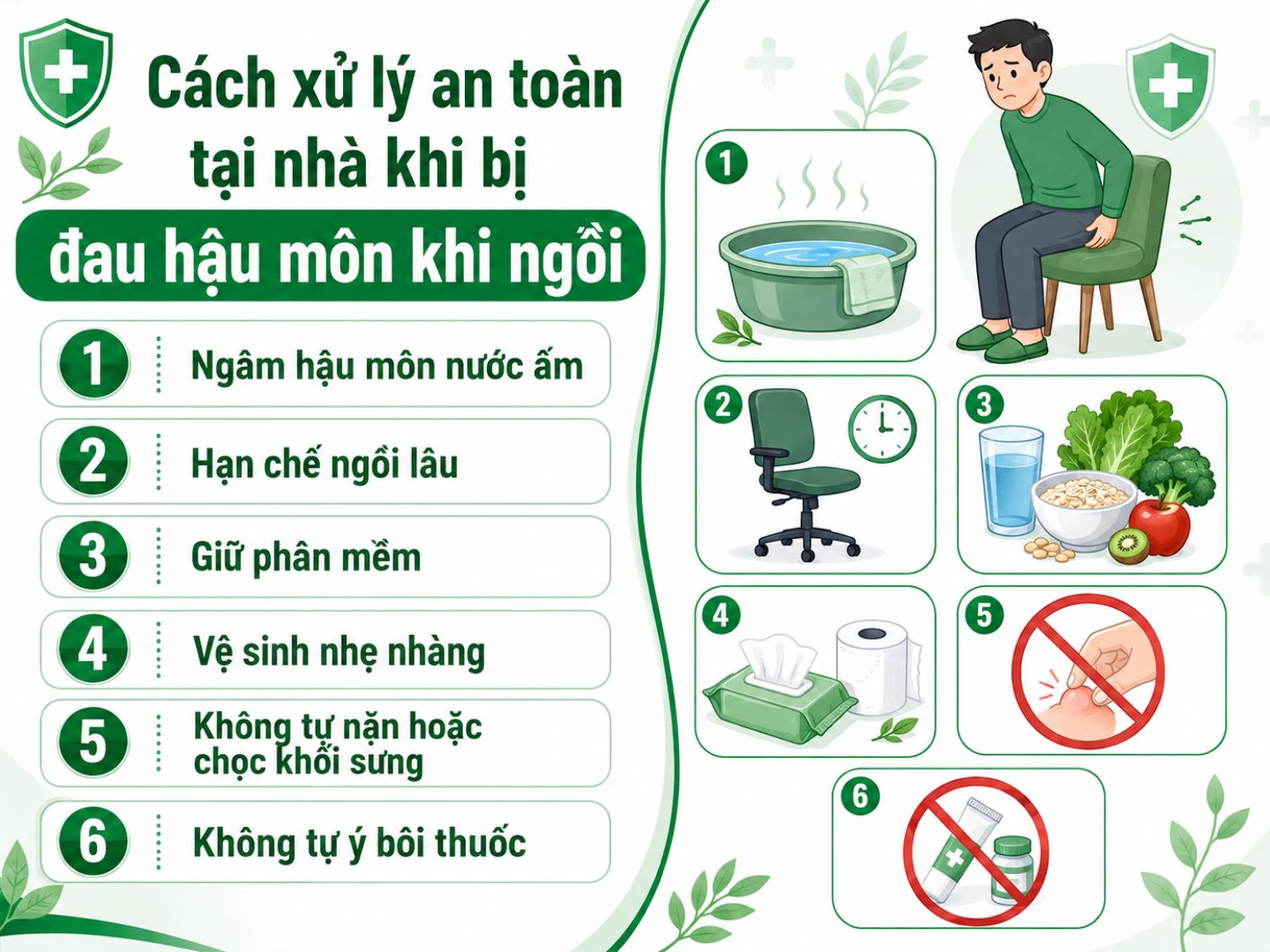 Khi bị đau hậu môn khi ngồi, người bệnh có thể áp dụng một số biện pháp chăm sóc tại nhà như ngâm nước ấm, giữ phân mềm và vệ sinh nhẹ nhàng để giảm khó chịu. Đồng thời, cần tránh tự nặn khối sưng hoặc tự ý dùng thuốc khi chưa được bác sĩ hướng dẫn.