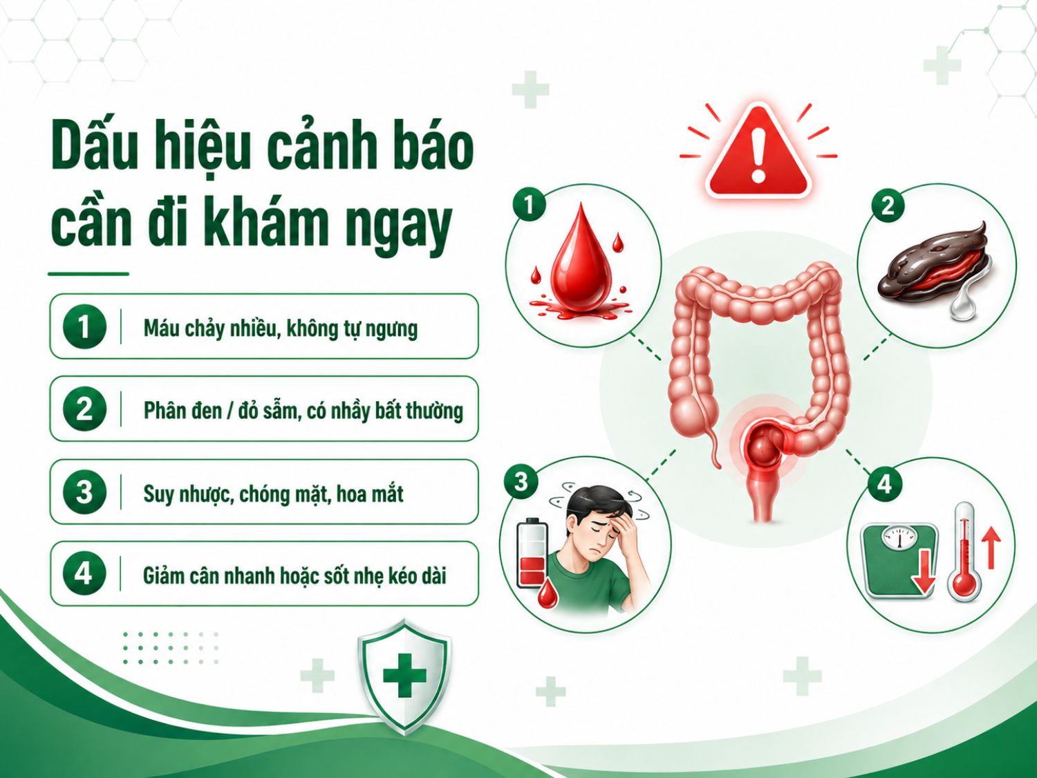 Cần đi khám sớm nếu máu chảy nhiều không tự ngưng, phân đổi màu bất thường, cơ thể suy nhược, chóng mặt, sụt cân hoặc sốt nhẹ kéo dài.