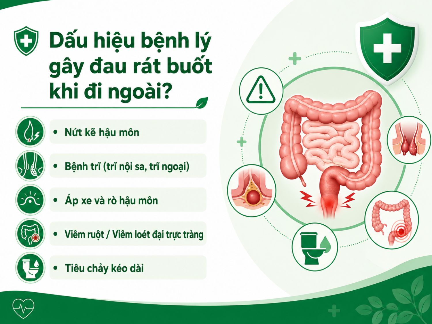 Đau rát buốt khi đi ngoài có thể liên quan đến nứt kẽ hậu môn, bệnh trĩ, áp xe – rò hậu môn hoặc các bệnh lý viêm đường ruột.