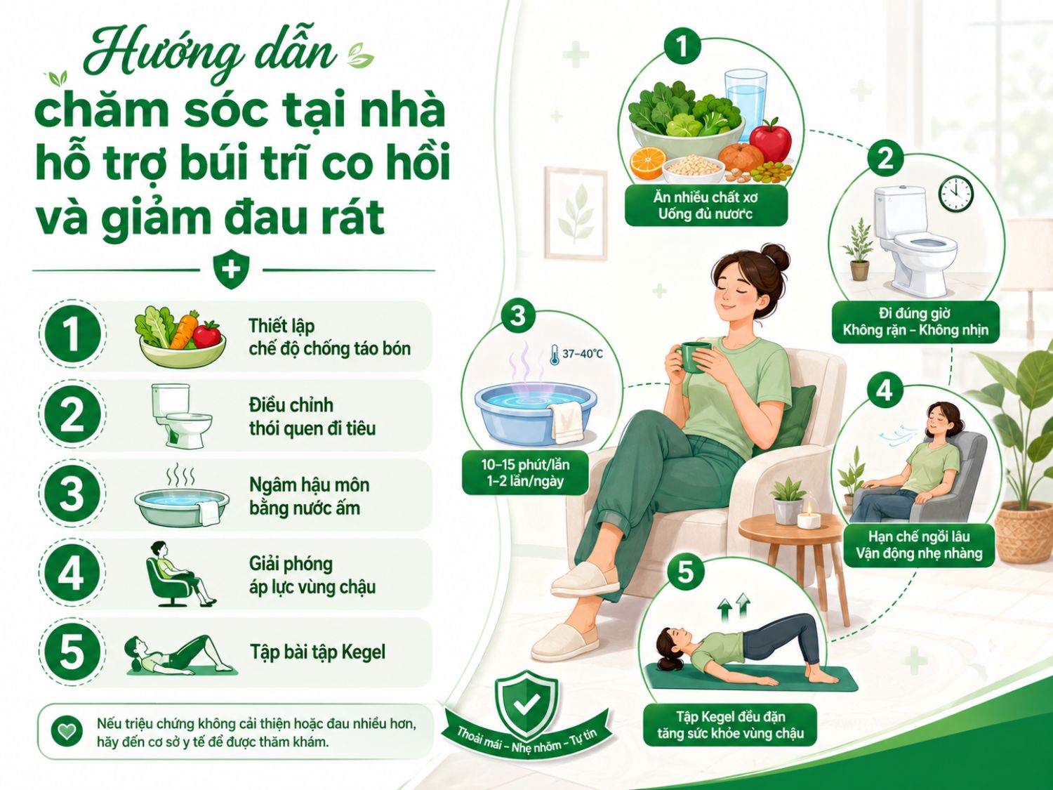 Một số biện pháp chăm sóc tại nhà có thể hỗ trợ búi trĩ co hồi và giảm khó chịu như ăn uống chống táo bón, đi tiêu đúng cách, ngâm nước ấm, hạn chế tăng áp lực vùng chậu và tập bài tập Kegel đều đặn.