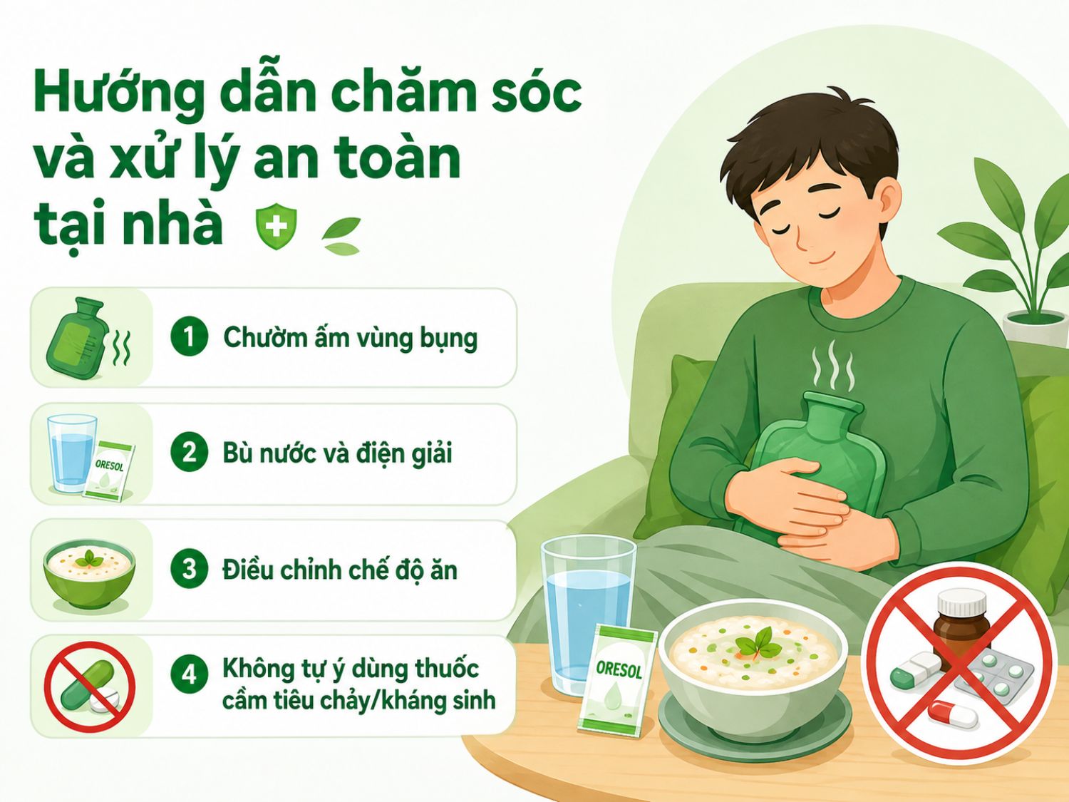 Khi xuất hiện đau bụng quặn từng cơn kèm buồn đi ngoài, người bệnh có thể chăm sóc tạm thời tại nhà bằng các biện pháp an toàn như giữ ấm bụng, bổ sung nước và điều chỉnh ăn uống. Không nên tự ý dùng thuốc khi chưa xác định nguyên nhân.