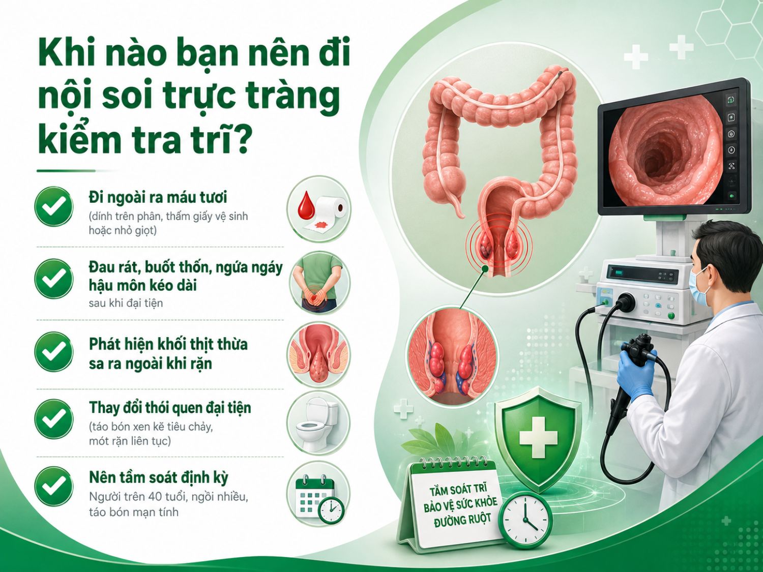 Một số dấu hiệu cảnh báo cần nội soi trực tràng kiểm tra trĩ gồm chảy máu khi đi đại tiện, đau rát hoặc ngứa hậu môn kéo dài, xuất hiện khối sa ra ngoài và rối loạn thói quen đại tiện. Người trên 40 tuổi hoặc bị táo bón mạn tính cũng nên tầm soát định kỳ.