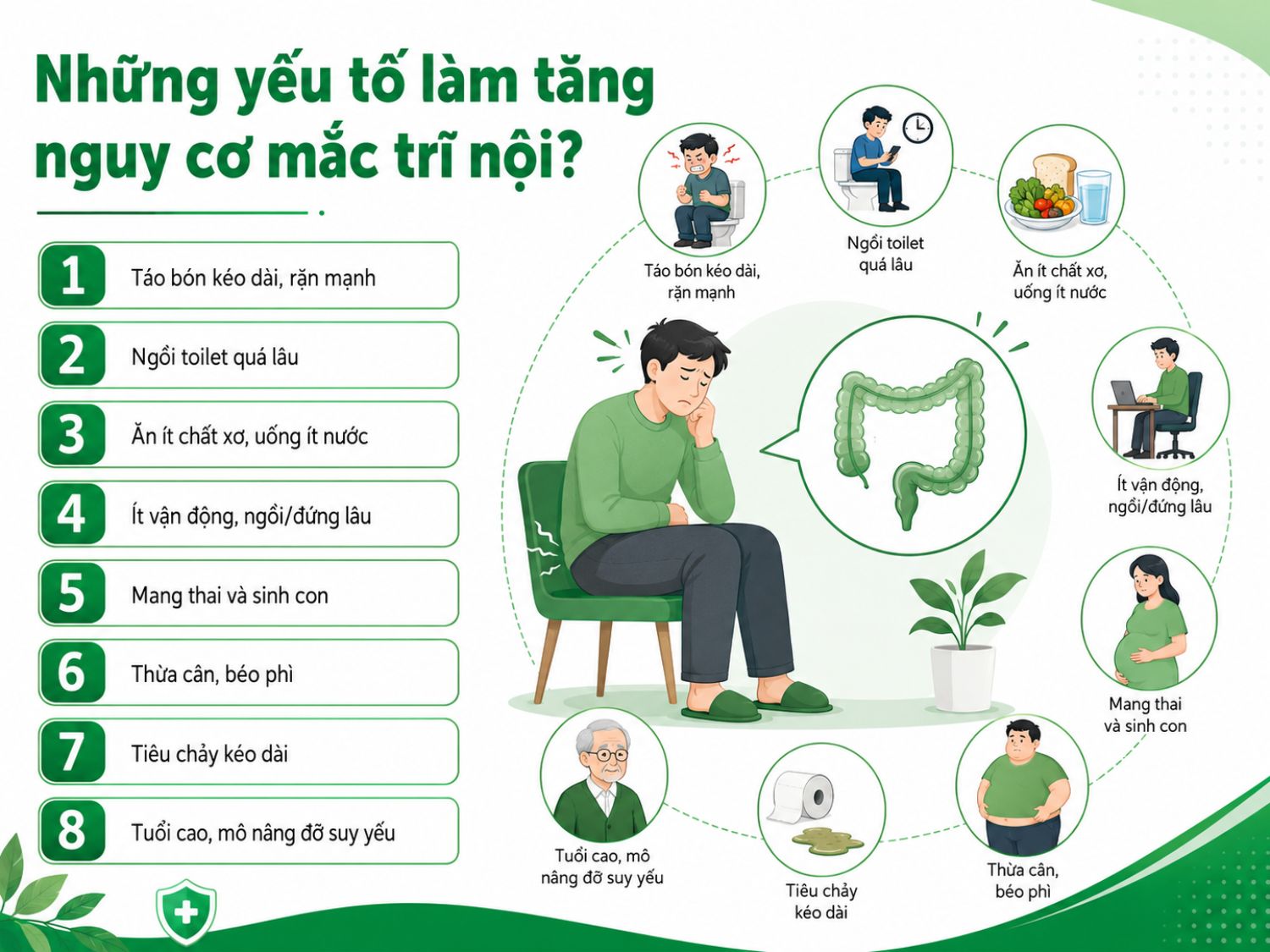 Nhiều thói quen sinh hoạt và yếu tố thể trạng có thể làm tăng nguy cơ mắc trĩ nội, trong đó phổ biến là táo bón kéo dài, ngồi lâu, chế độ ăn thiếu chất xơ, ít vận động, mang thai, béo phì và sự suy yếu mô nâng đỡ theo tuổi tác.