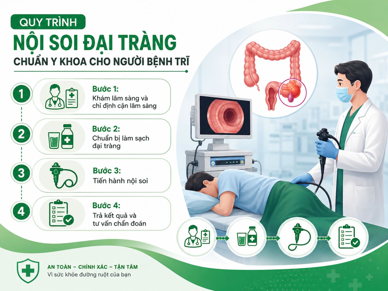 uy trình nội soi đại tràng chuẩn y khoa cho người bệnh trĩ gồm 4 bước: khám lâm sàng, làm sạch đại tràng, tiến hành nội soi và trả kết quả tư vấn chẩn đoán.