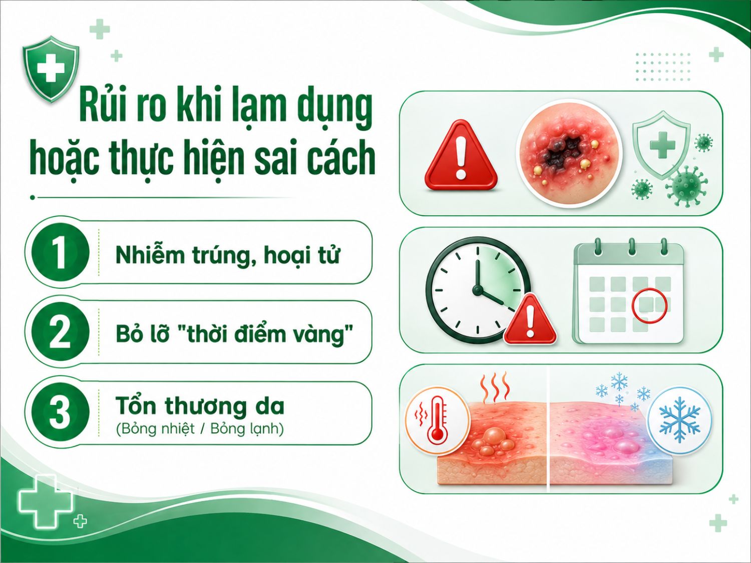 Lạm dụng thảo dược, ngâm hoặc chườm sai cách có thể gây tổn thương da, nhiễm trùng và làm chậm thời điểm điều trị phù hợp.