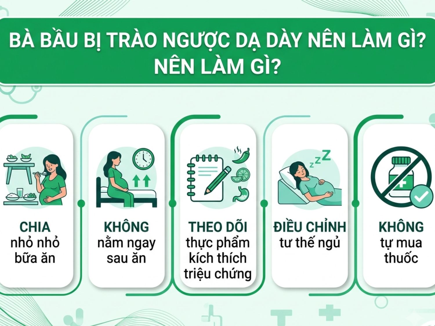 Bí quyết giảm trào ngược dạ dày cho bà bầu với 5 thói quen đơn giản: chia nhỏ bữa ăn, không nằm ngay sau ăn, theo dõi thực phẩm kích thích, điều chỉnh tư thế ngủ, và tuyệt đối không tự ý mua thuốc.