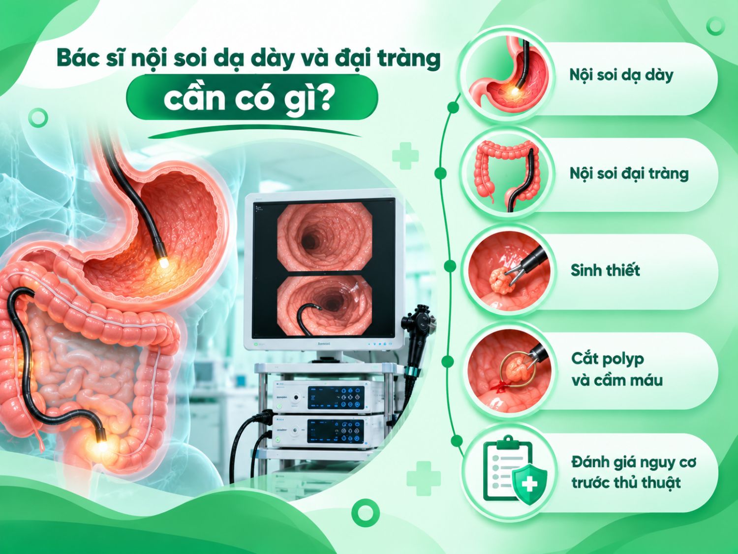 Bác sĩ thực hiện nội soi tiêu hóa cần có khả năng nội soi dạ dày, đại tràng, thực hiện sinh thiết, cắt polyp và cầm máu, đồng thời đánh giá nguy cơ trước thủ thuật.