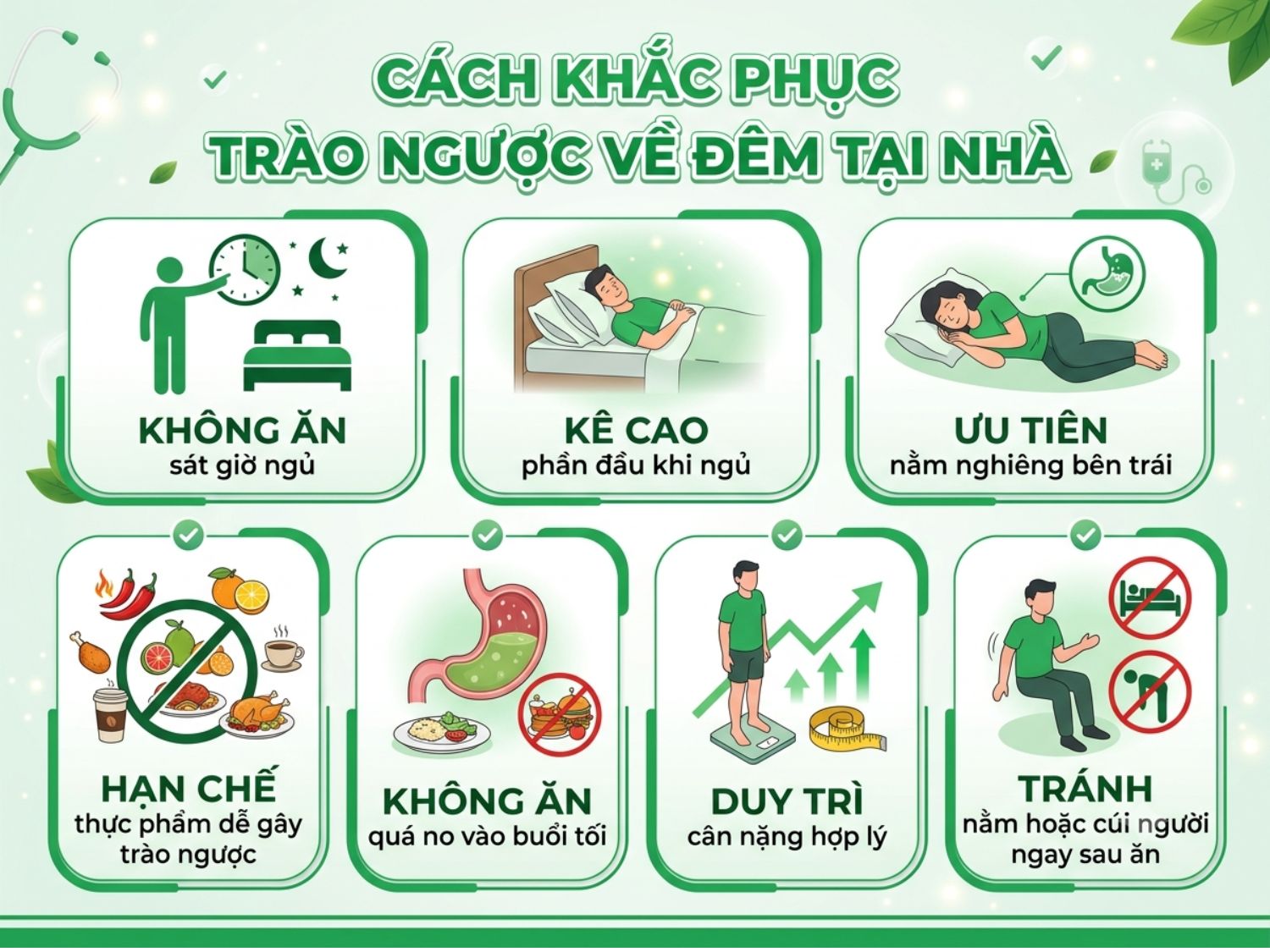 Cải thiện giấc ngủ và giảm trào ngược về đêm tại nhà với 7 bí quyết: không ăn muộn, kê cao đầu, nằm nghiêng trái, hạn chế thực phẩm kích thích, ăn vừa đủ vào buổi tối, kiểm soát cân nặng, và tránh nằm ngay sau khi ăn.
