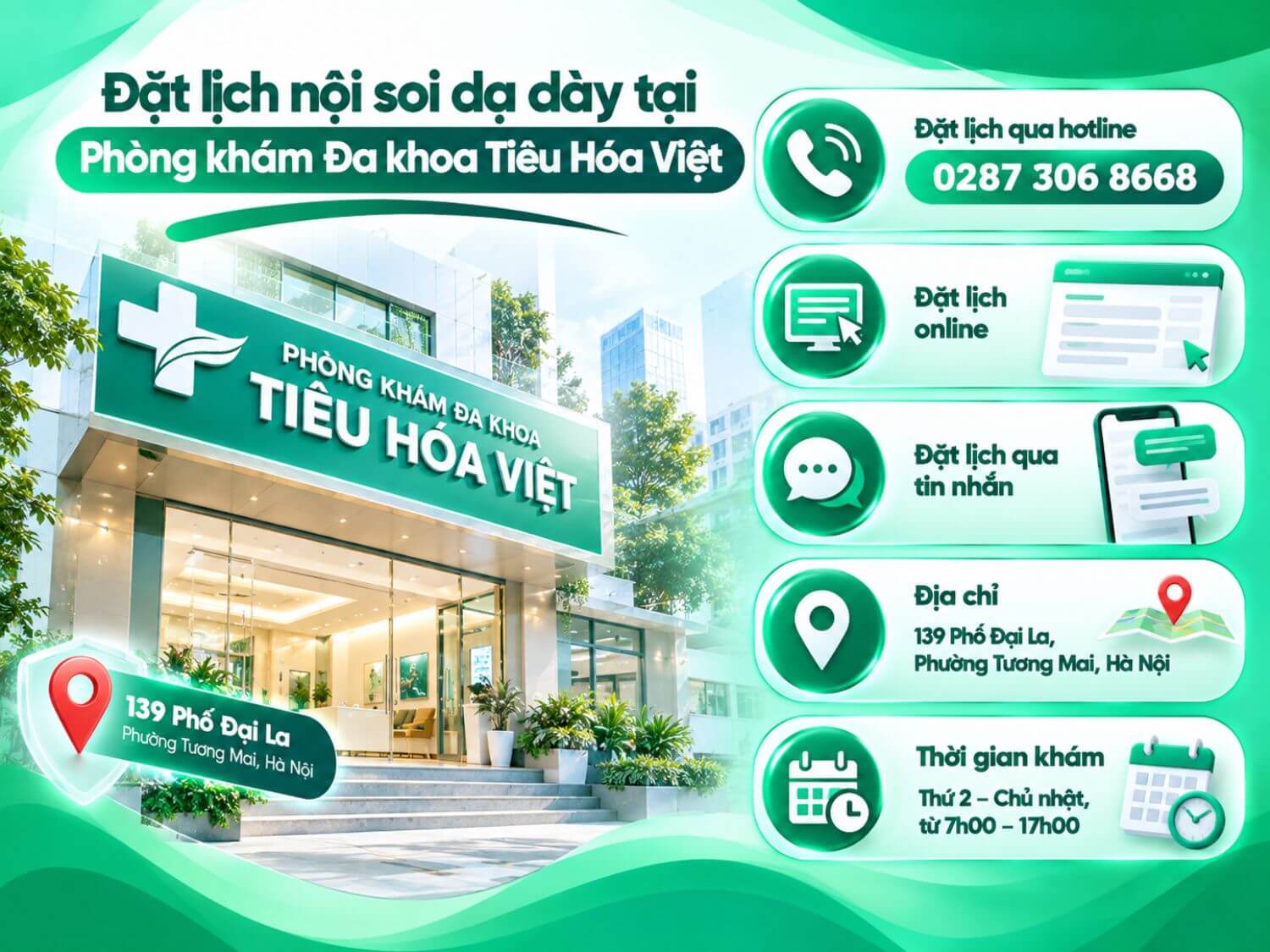 Phòng khám Đa khoa Tiêu Hóa Việt hỗ trợ đặt lịch nội soi dạ dày qua hotline, online và tin nhắn; địa chỉ tại 139 Phố Đại La, Phường Tương Mai, Hà Nội, thời gian khám từ 7h00–17h00.