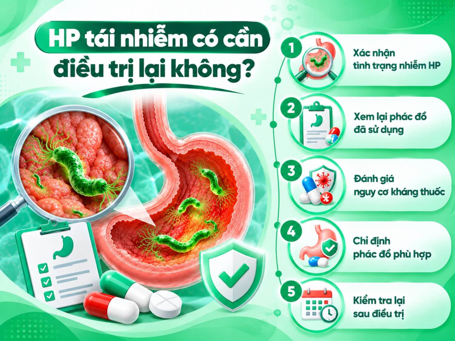 Khi nghi ngờ HP tái nhiễm, cần xác nhận tình trạng nhiễm, xem lại phác đồ trước đó, đánh giá nguy cơ kháng thuốc, lựa chọn phác đồ phù hợp và kiểm tra lại sau điều trị.