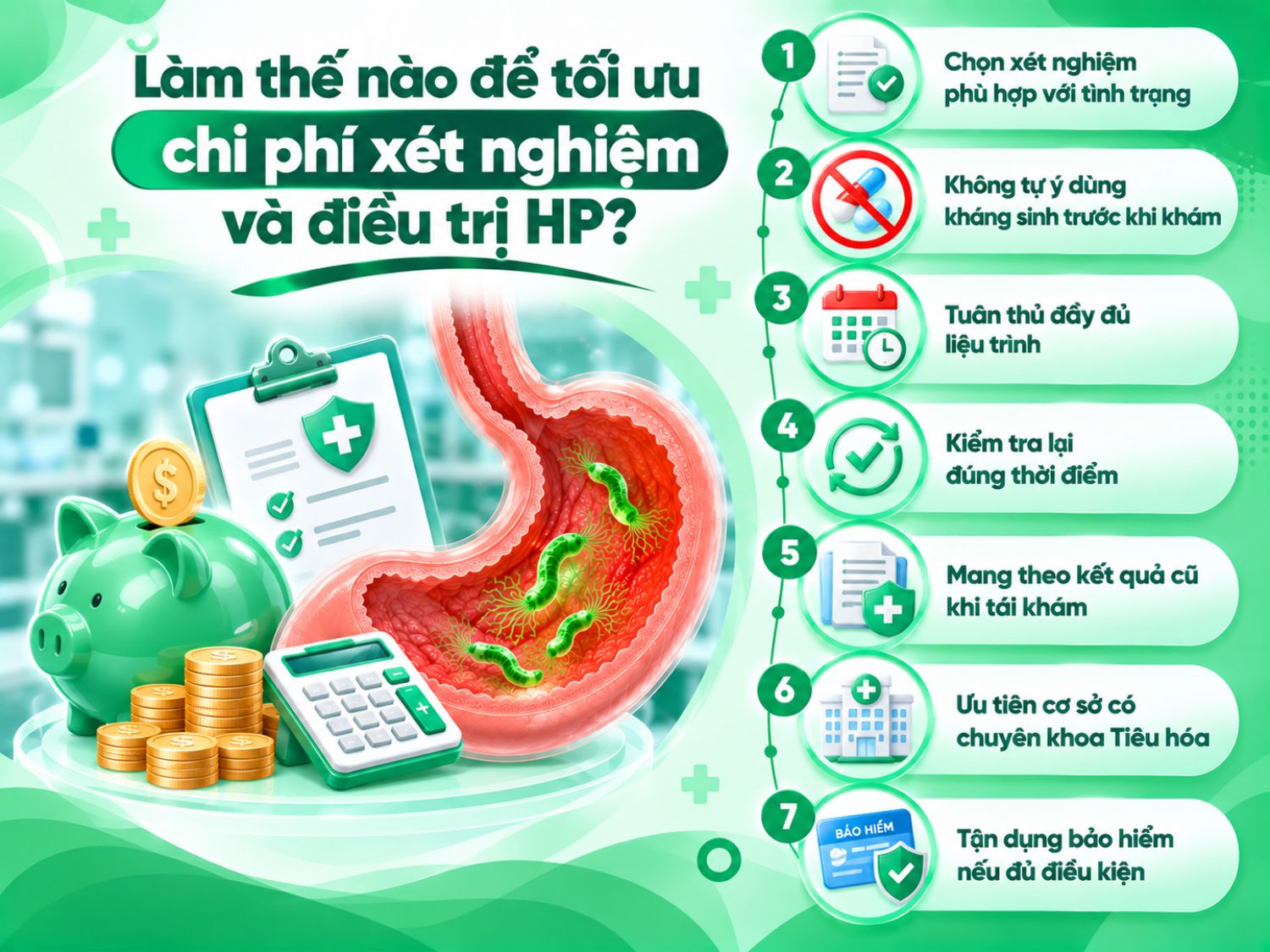 Có thể tối ưu chi phí xét nghiệm và điều trị HP bằng cách lựa chọn phương pháp phù hợp, tuân thủ liệu trình, tái kiểm tra đúng thời điểm và tận dụng các quyền lợi bảo hiểm khi đủ điều kiện.