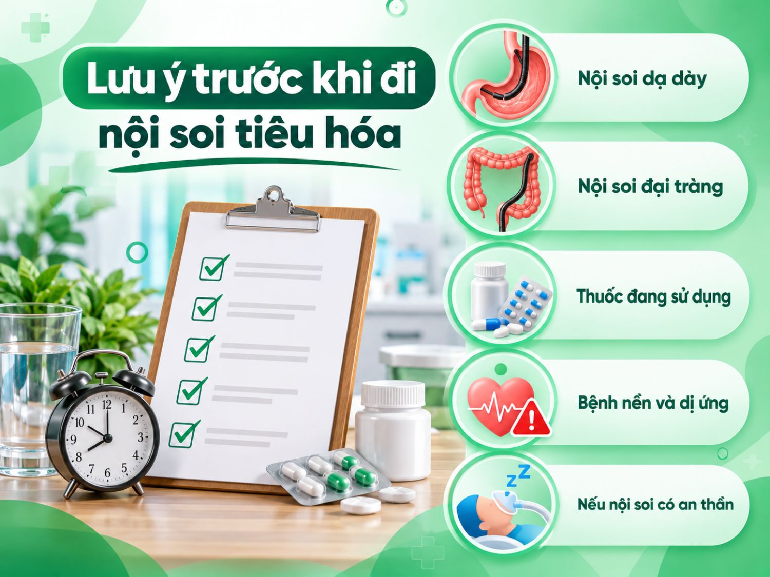 Trước khi nội soi tiêu hóa, người bệnh cần thông báo về loại nội soi, các thuốc đang sử dụng, bệnh nền, tiền sử dị ứng và việc có thực hiện nội soi kèm an thần hay không.