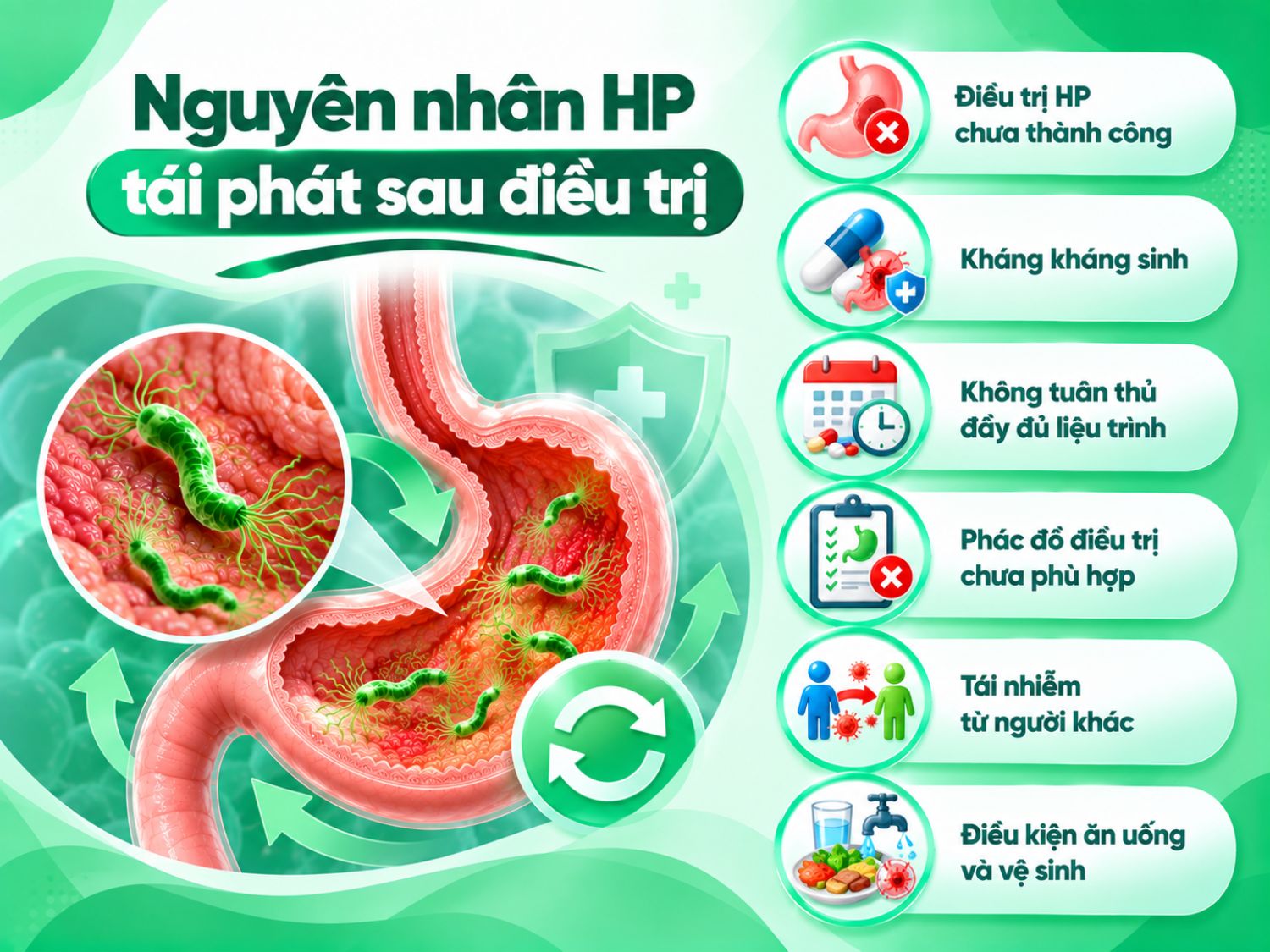 HP có thể tái phát do điều trị chưa đạt hiệu quả, kháng kháng sinh, không tuân thủ liệu trình, phác đồ chưa phù hợp hoặc tái nhiễm từ nguồn lây; điều kiện ăn uống và vệ sinh cũng là yếu tố cần lưu ý.