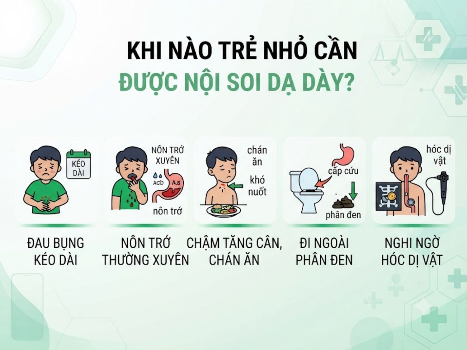 đau bụng kéo dài, nôn trớ thường xuyên, chậm tăng cân, chán ăn, đi ngoài phân đen hoặc khi nghi ngờ hóc dị vật cần được nội soi