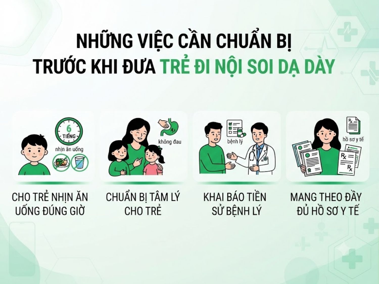 cho trẻ nhịn ăn uống đúng giờ, chuẩn bị tâm lý cho trẻ, khai báo đầy đủ tiền sử bệnh lý và mang theo toàn bộ hồ sơ y tế liên quan khi đưa trẻ đi nội soi
