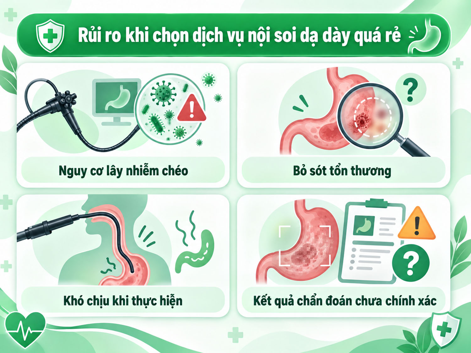 Rủi ro tiềm ẩn khi lựa chọn dịch vụ nội soi dạ dày quá rẻ gồm nguy cơ lây chéo, bỏ sót tổn thương