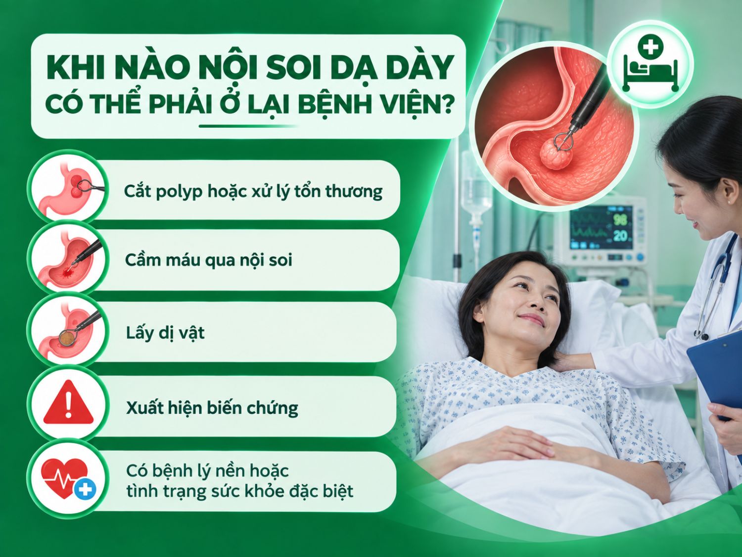 Người bệnh có thể cần ở lại theo dõi nếu nội soi kèm cắt polyp, cầm máu, lấy dị vật, xử lý tổn thương, xuất hiện biến chứng hoặc có bệnh nền và tình trạng sức khỏe đặc biệt.
