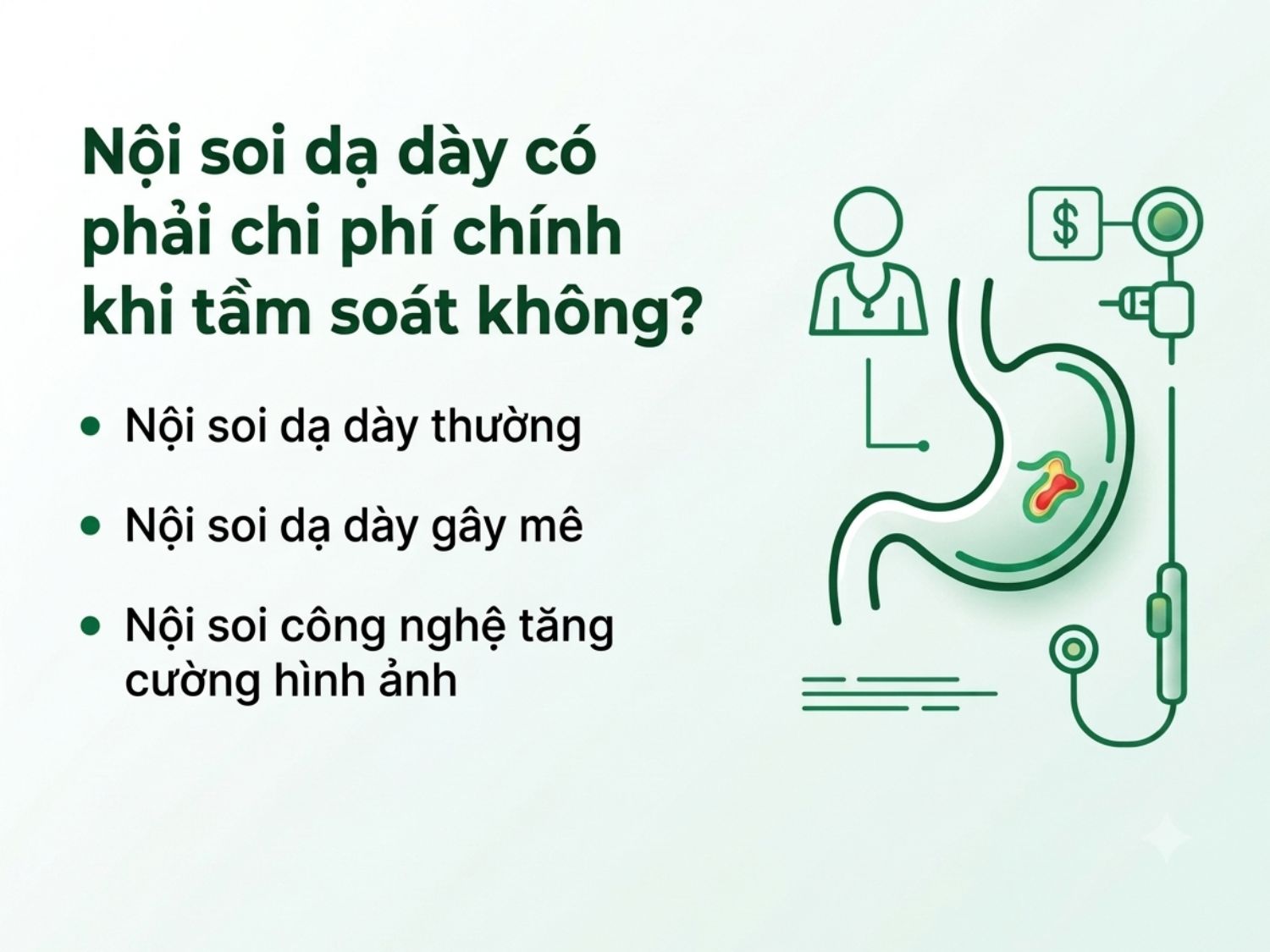 Chi phí tầm soát ung thư dạ dày phụ thuộc vào phương pháp nội soi được lựa chọn (nội soi thường, nội soi tiền mê nhẹ nhàng hoặc nội soi công nghệ tăng cường hình ảnh AI).