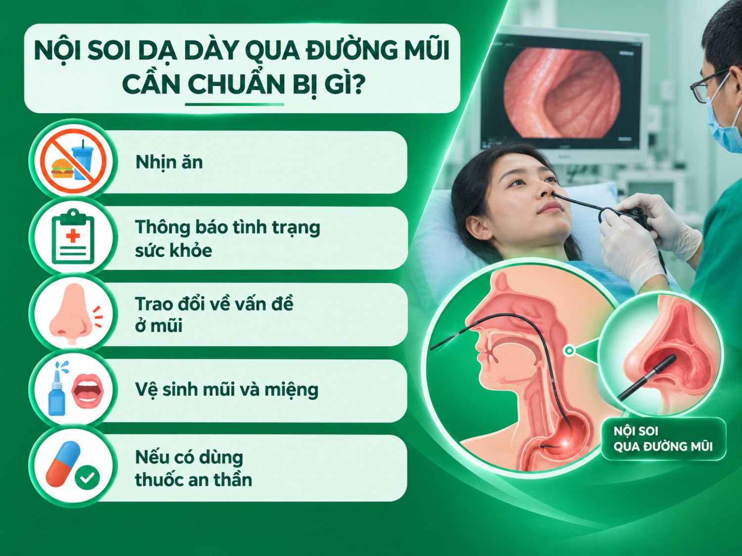 Nội soi dạ dày qua đường mũi thường giúp giảm phản xạ buồn nôn, người bệnh dễ phối hợp và có thể hạn chế dùng thuốc an thần. Tuy vậy, phương pháp có thể gây khó chịu ở mũi, không phù hợp với một số bệnh lý mũi và khả năng can thiệp có thể hạn chế hơn.
