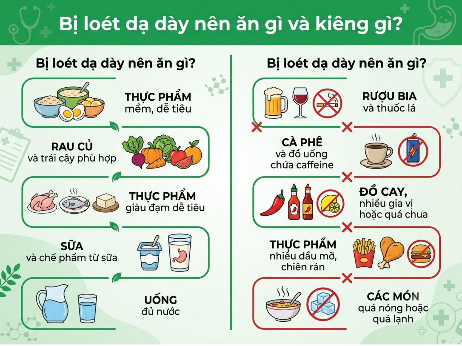 Chế độ ăn uống hợp lý cho người loét dạ dày: Ưu tiên các món ăn mềm, rau củ tươi, sữa và đạm dễ tiêu; đồng thời hạn chế tối đa chất kích thích, đồ cay nóng, nhiều dầu mỡ để bảo vệ niêm mạc dạ dày