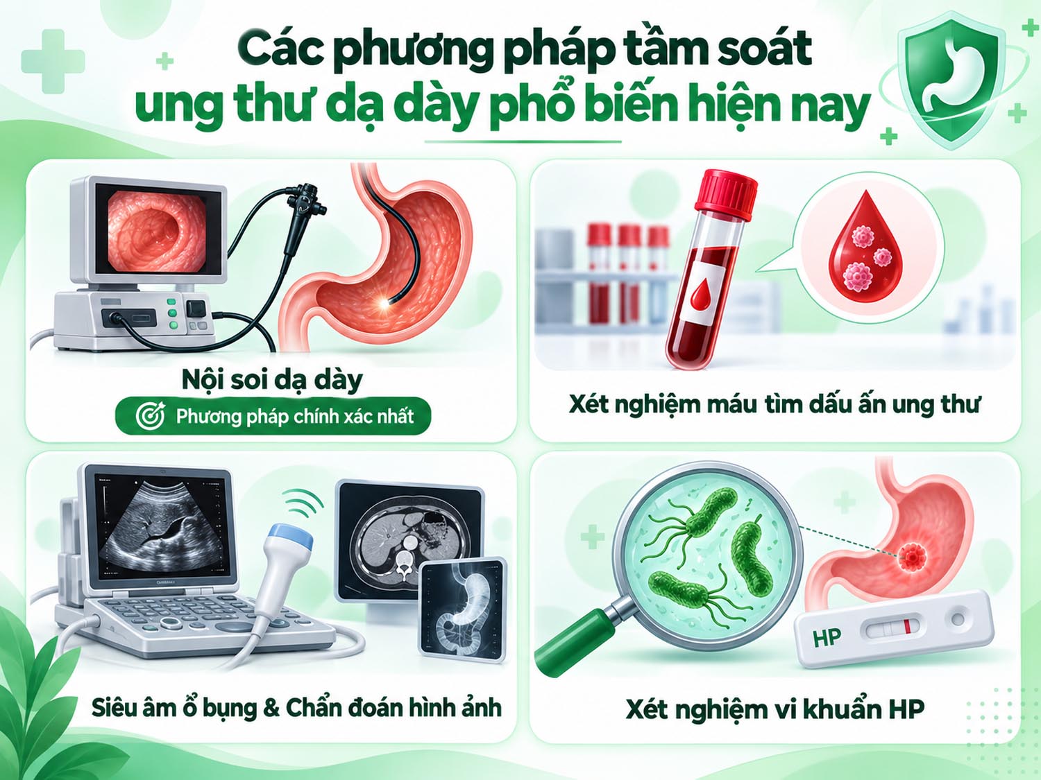 nội soi dạ dày, xét nghiệm máu tìm dấu ấn ung thư, siêu âm ổ bụng chẩn đoán hình ảnh là các phương pháp tầm soát dạ dày