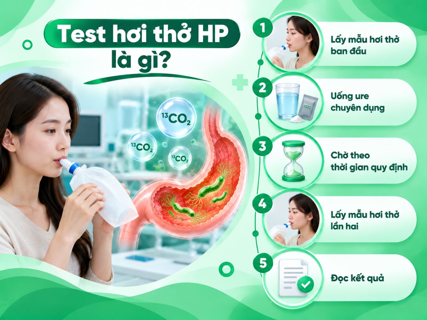 Test hơi thở HP được thực hiện qua các bước lấy mẫu hơi thở trước và sau khi uống ure chuyên dụng, sau đó phân tích mẫu để đọc kết quả.