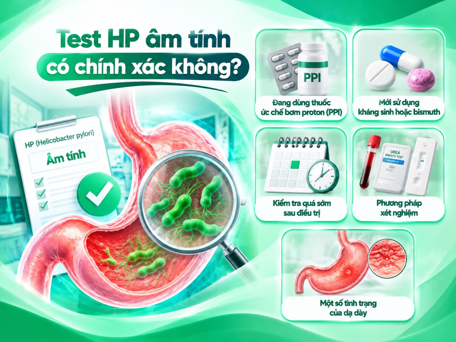 Kết quả test HP âm tính có thể bị ảnh hưởng bởi thuốc PPI, kháng sinh, bismuth, thời điểm xét nghiệm, phương pháp thực hiện và một số tình trạng tại dạ dày.
