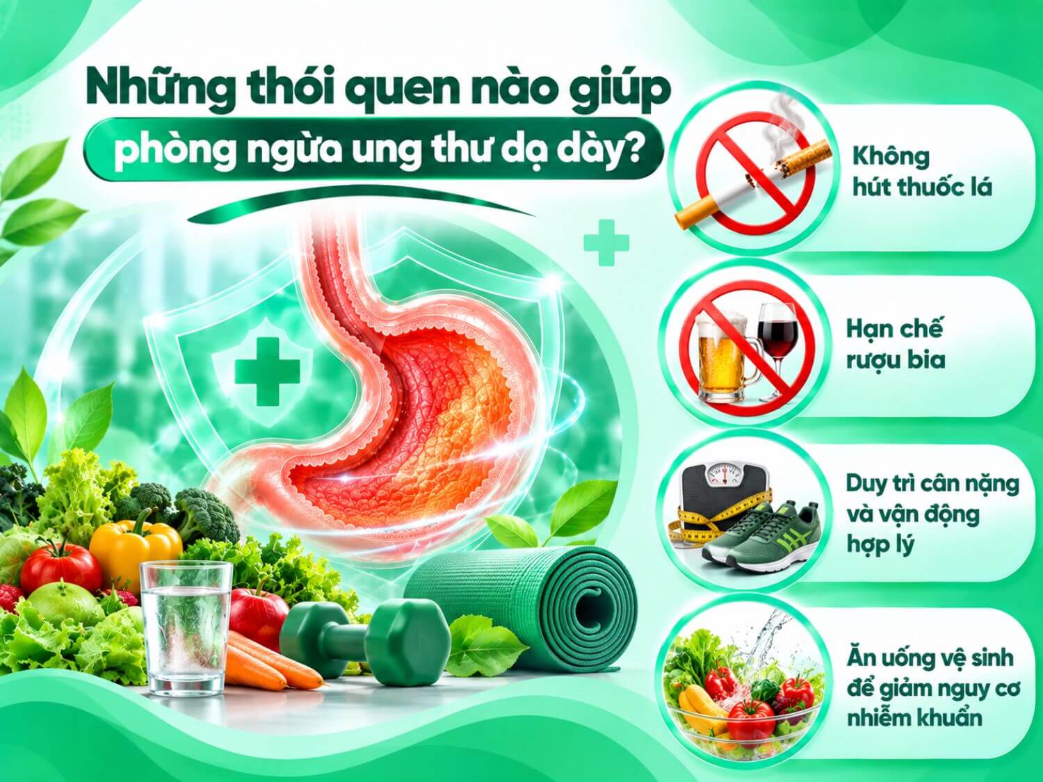 Không hút thuốc, hạn chế rượu bia, duy trì cân nặng và vận động hợp lý, đồng thời ăn uống vệ sinh là những thói quen giúp giảm các yếu tố nguy cơ đối với sức khỏe dạ dày.