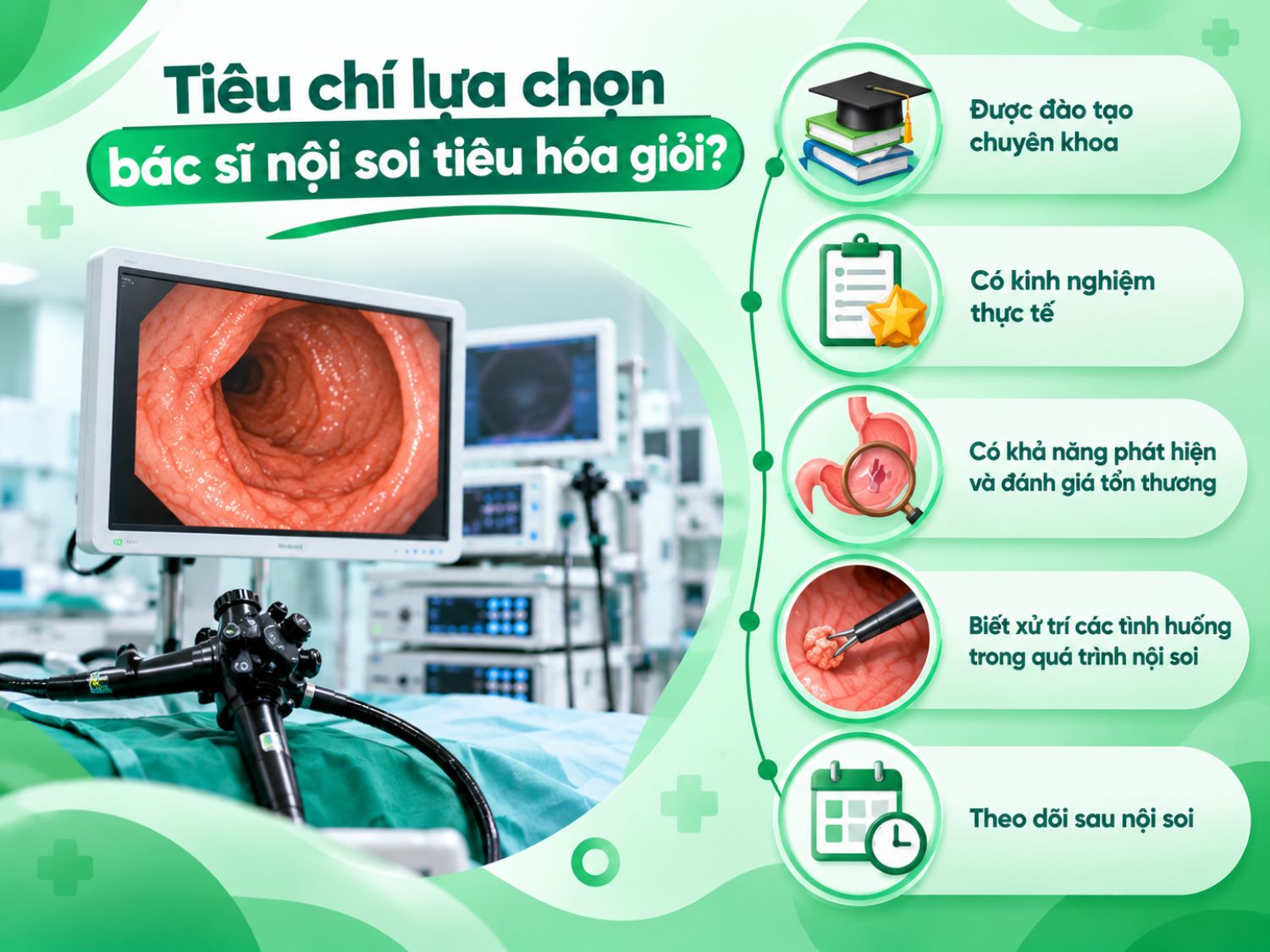 Khi lựa chọn bác sĩ nội soi tiêu hóa, nên quan tâm đến đào tạo chuyên khoa, kinh nghiệm thực tế, khả năng phát hiện và đánh giá tổn thương, xử trí trong quá trình nội soi và theo dõi sau thủ thuật.