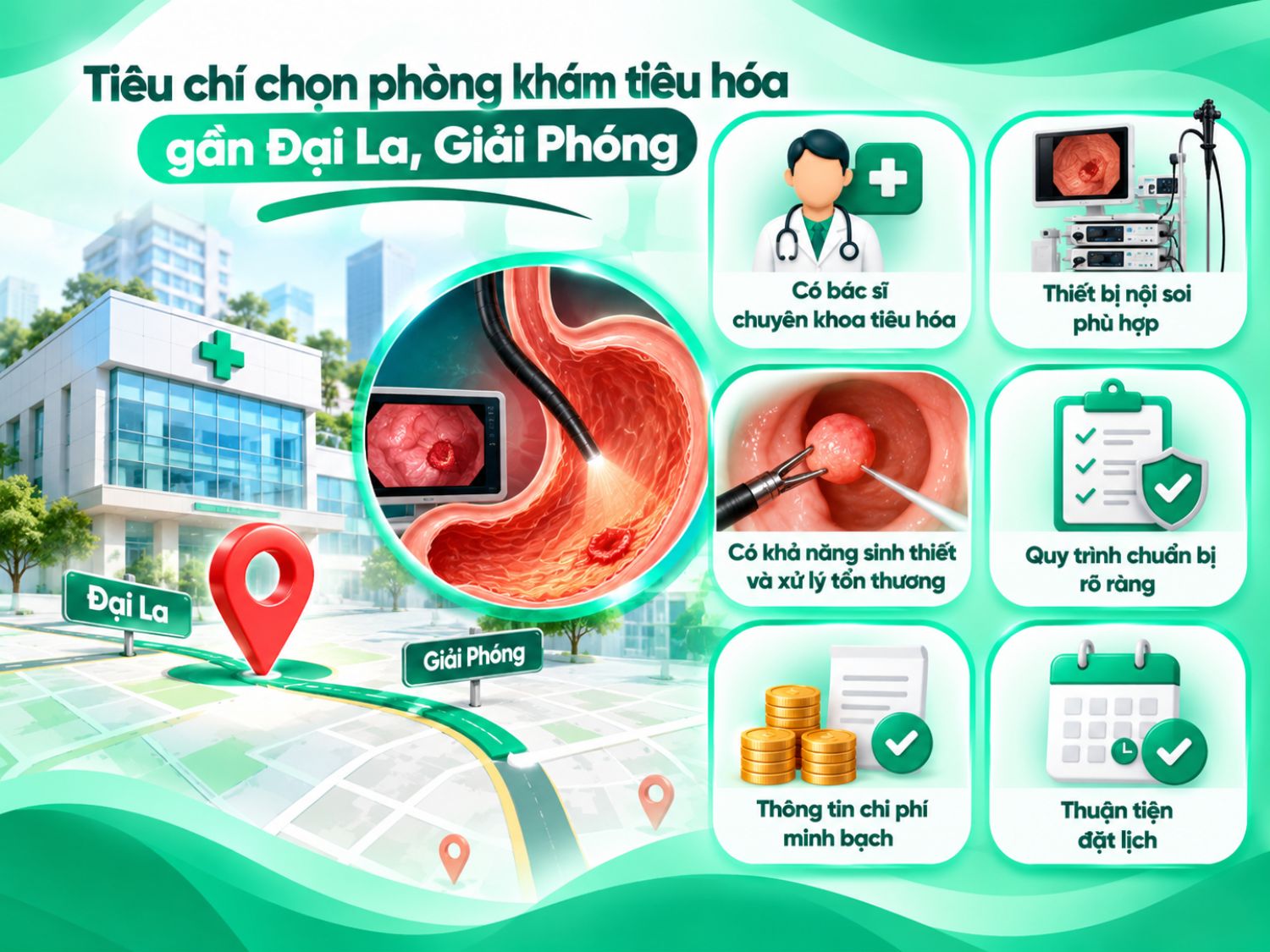 Khi chọn phòng khám tiêu hóa gần Đại La, Giải Phóng, nên quan tâm đến đội ngũ bác sĩ, thiết bị nội soi, khả năng sinh thiết và xử lý tổn thương, quy trình chuẩn bị, chi phí và việc đặt lịch.