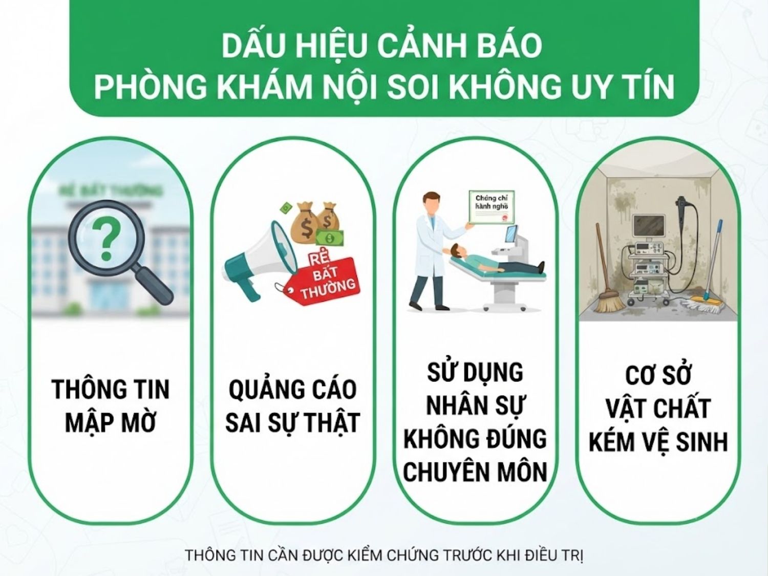 thông tin pháp lý mập mờ, quảng cáo sai sự thật, sử dụng nhân sự không đúng chuyên môn và cơ sở vật chất không đảm bảo vệ sinh là dấu hiệu phòng khám không đạt yêu cầu