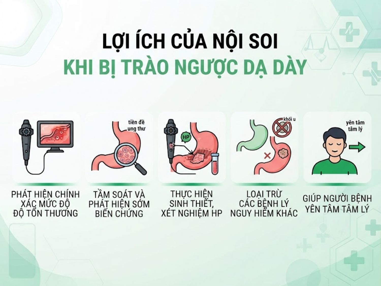 xác định đúng tình trạng tổn thương, phát hiện sớm các biến chứng nguy hiểm, tầm soát vi khuẩn HP và tạo tâm lý an tâm là lợi ích khi nội soi dạ dày