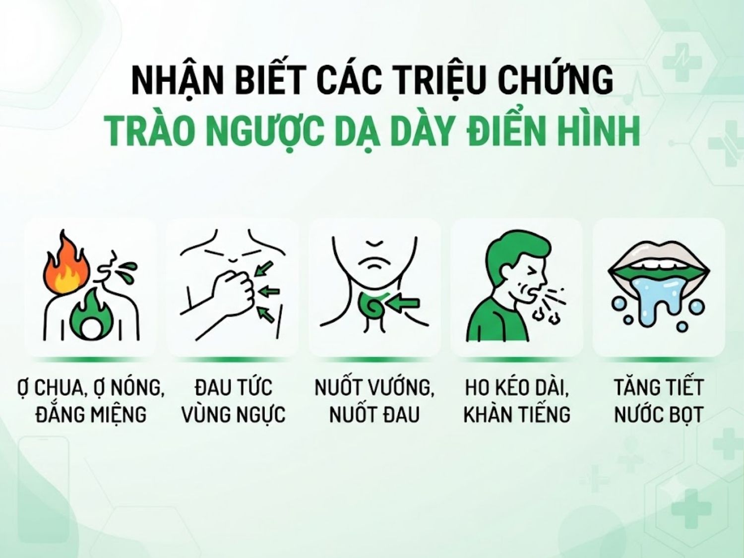 ợ chua - ợ nóng, cảm giác đau tức ngực, hiện tượng nuốt vướng là triệu chứng trào ngược dạ dày