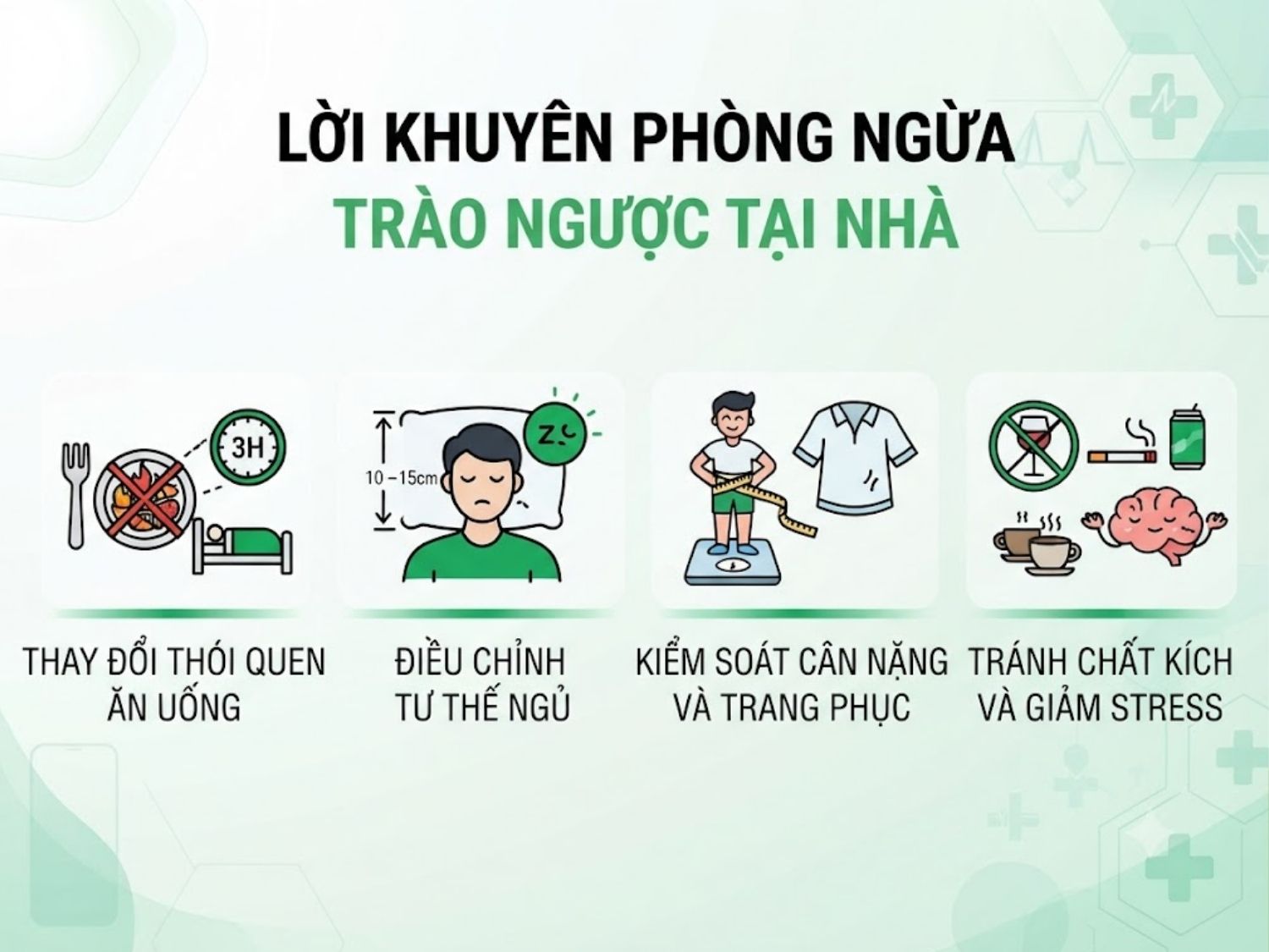thay đổi thói quen ăn uống, điều chỉnh tư thế ngủ, kiểm soát cân nặng, giảm căng thẳng và hạn chế các chất kích thích để phòng tránh trào ngược dạ dày