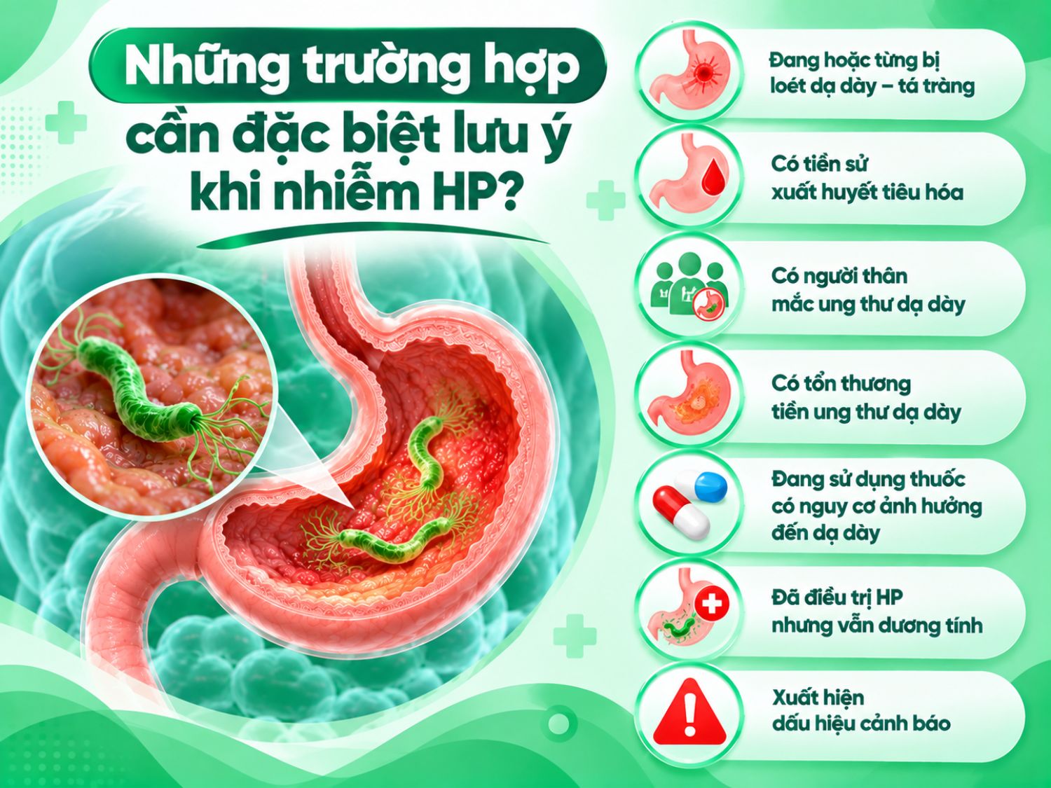 Người nhiễm HP cần đặc biệt lưu ý nếu có tiền sử loét, xuất huyết tiêu hóa, tổn thương tiền ung thư, tiền sử gia đình ung thư dạ dày, đang dùng thuốc ảnh hưởng đến dạ dày hoặc vẫn dương tính sau điều trị.