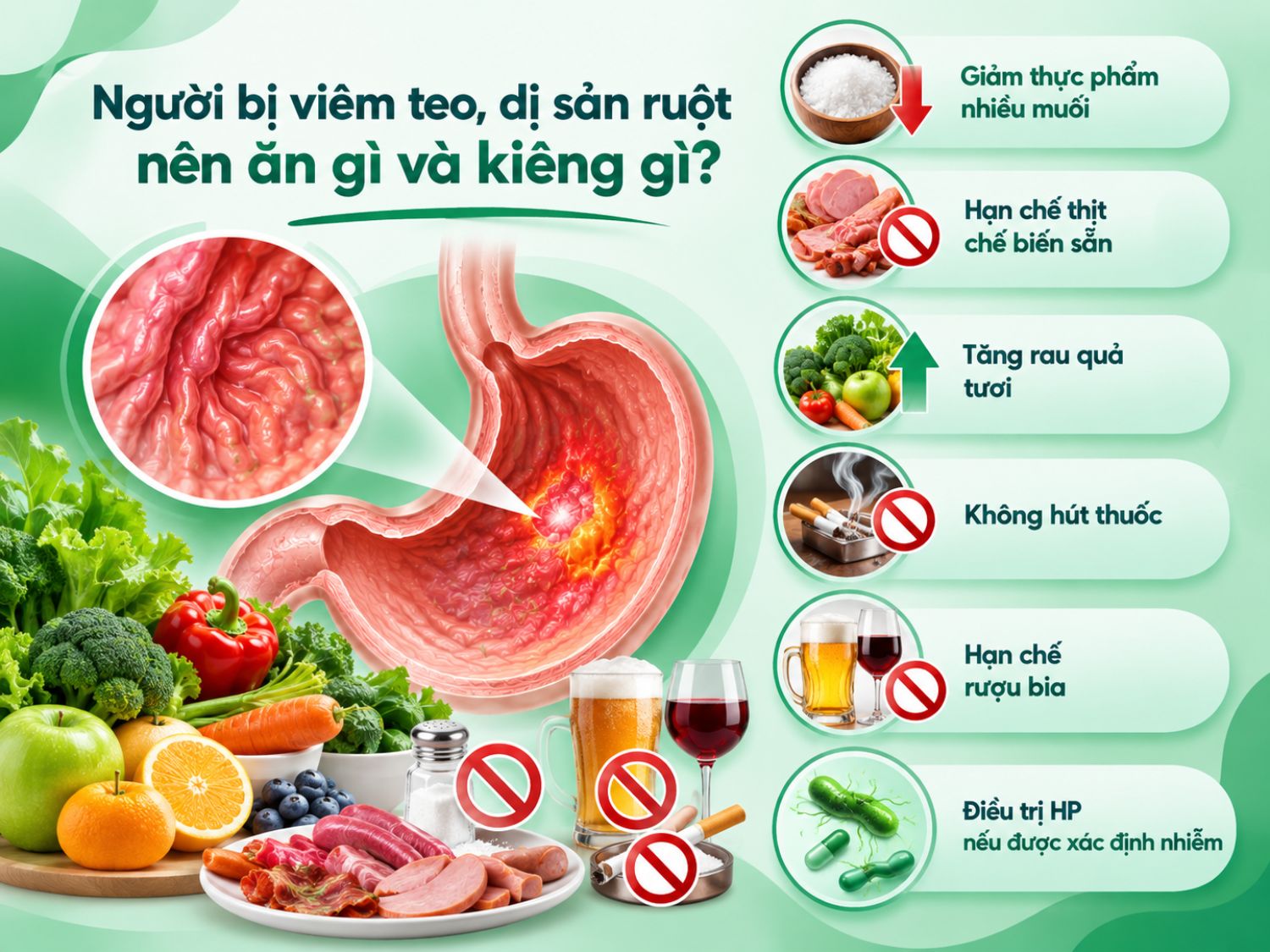 Người bị viêm teo dạ dày, dị sản ruột nên ưu tiên rau quả tươi, giảm thực phẩm nhiều muối và thịt chế biến sẵn, đồng thời không hút thuốc, hạn chế rượu bia và điều trị HP nếu được xác định nhiễm.