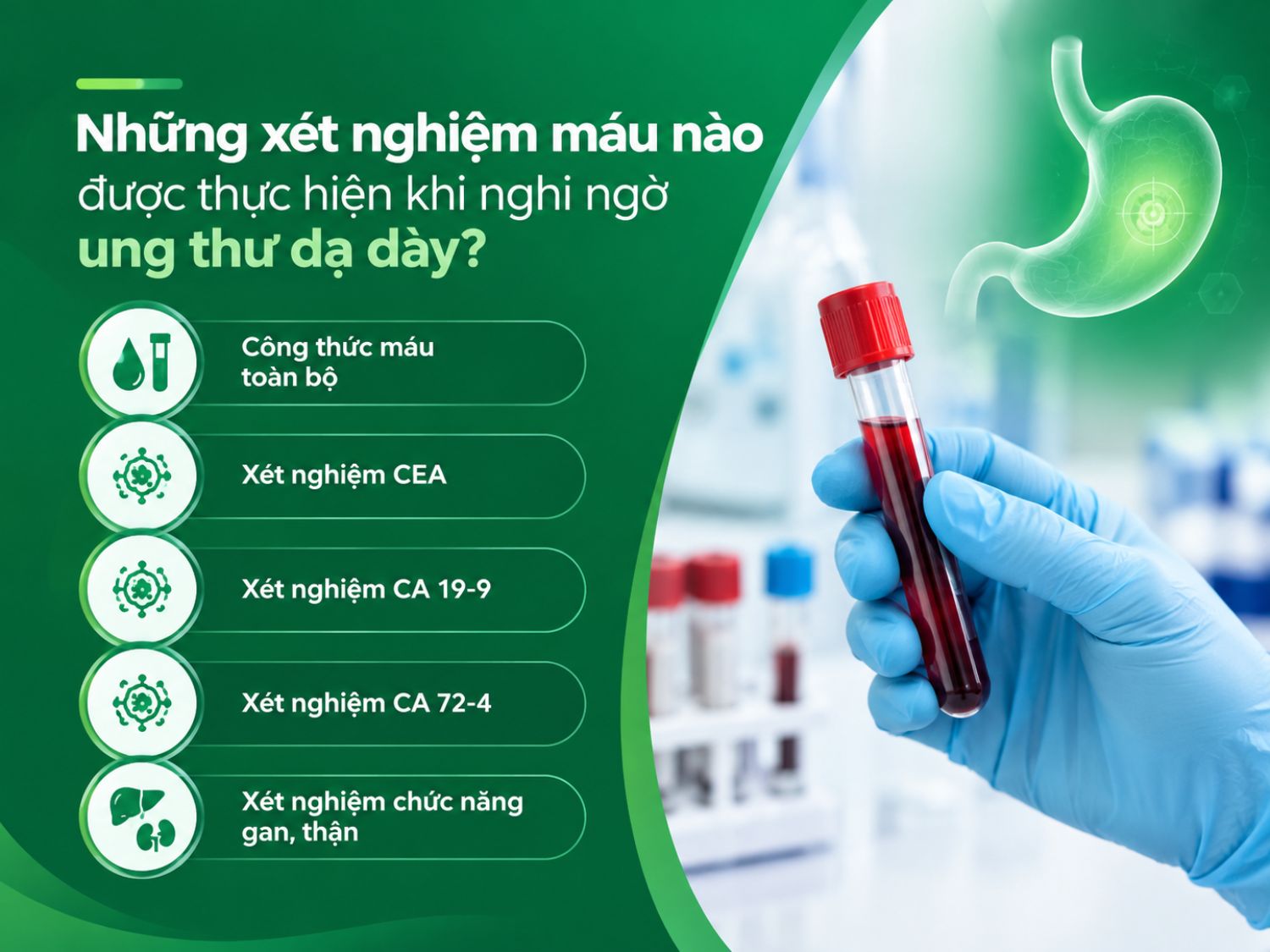 Các xét nghiệm máu thường được chỉ định khi nghi ngờ ung thư dạ dày gồm công thức máu, CEA, CA 19-9, CA 72-4 và đánh giá chức năng gan, thận.