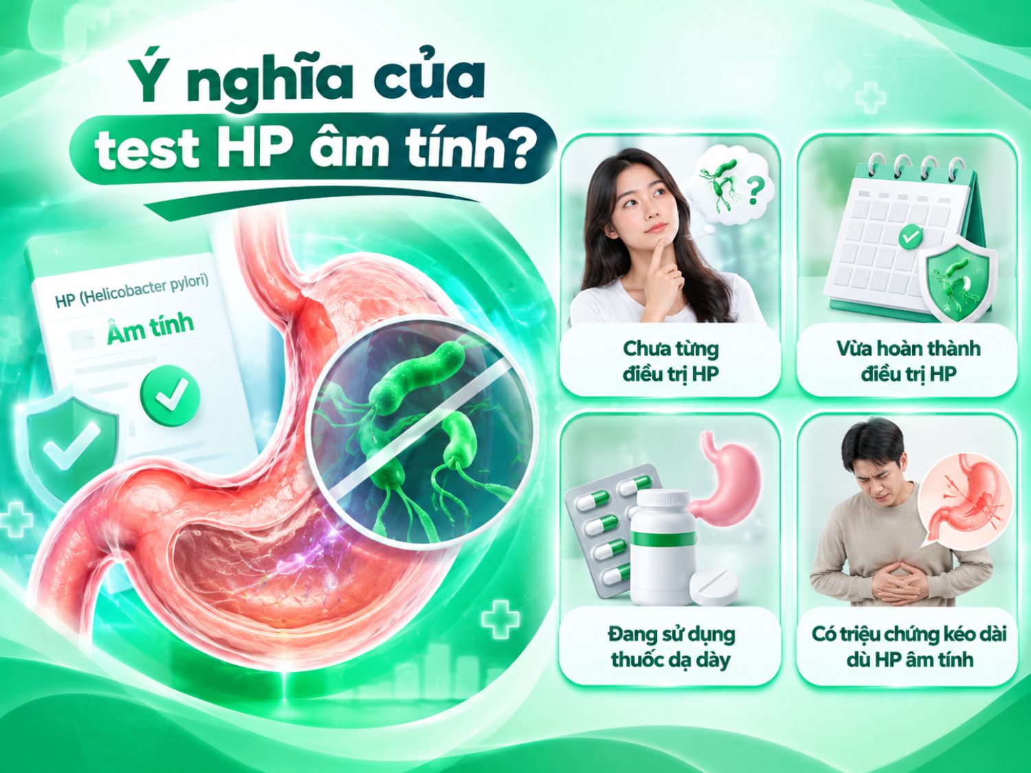 Kết quả test HP âm tính cần được xem xét cùng thời điểm xét nghiệm, tình trạng điều trị và các thuốc đang sử dụng, đặc biệt khi người bệnh vẫn có triệu chứng kéo dài.