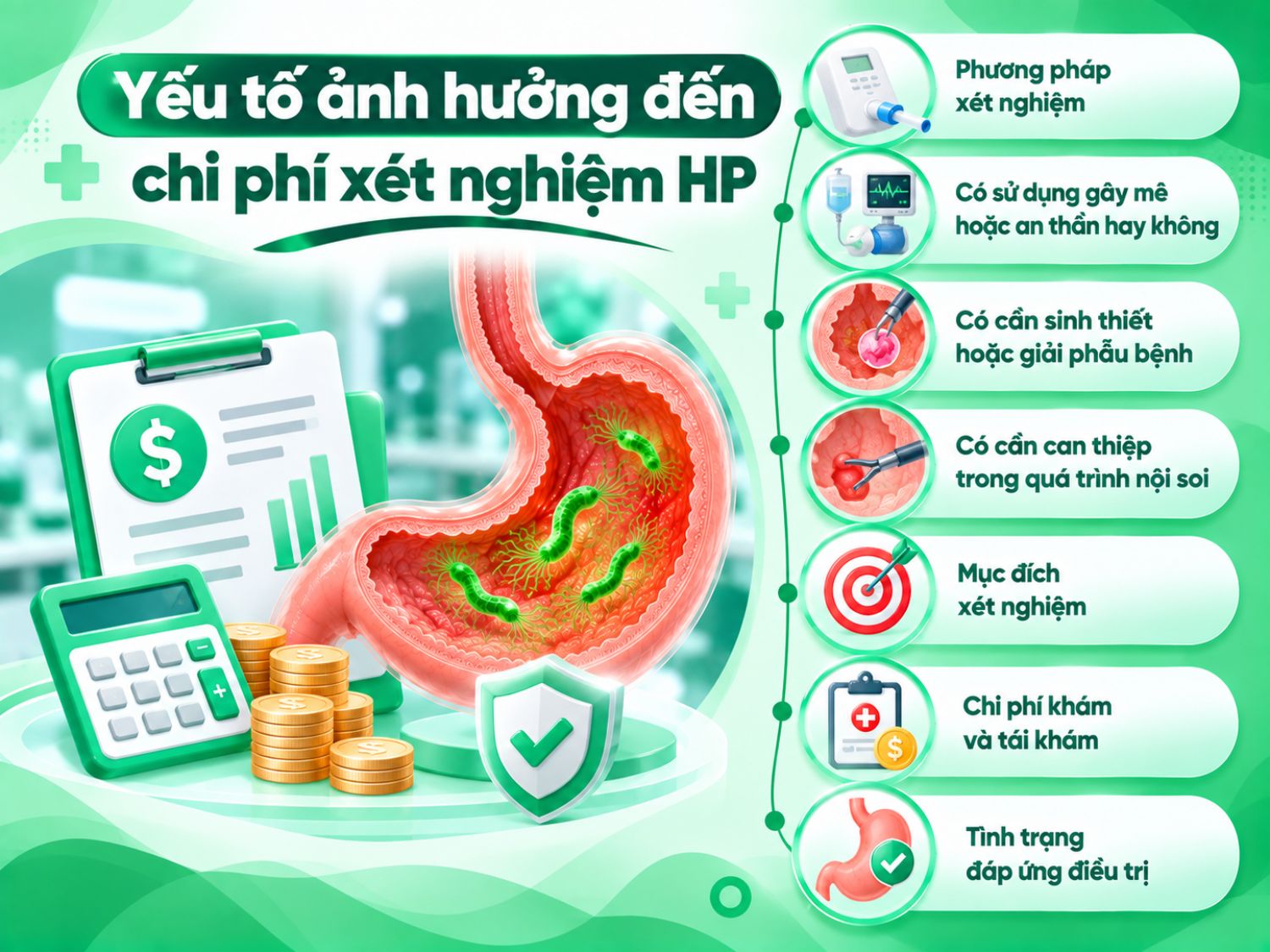 Chi phí xét nghiệm và điều trị HP có thể thay đổi tùy phương pháp thực hiện, nhu cầu sinh thiết hoặc can thiệp, mục đích xét nghiệm, chi phí khám tái khám và đáp ứng điều trị.