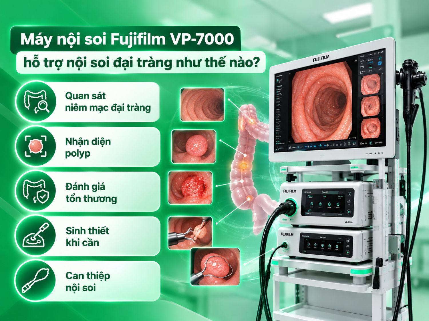 Fujifilm VP-7000 hỗ trợ quan sát niêm mạc đại tràng, nhận diện polyp, đánh giá tổn thương, sinh thiết và thực hiện can thiệp nội soi khi cần.