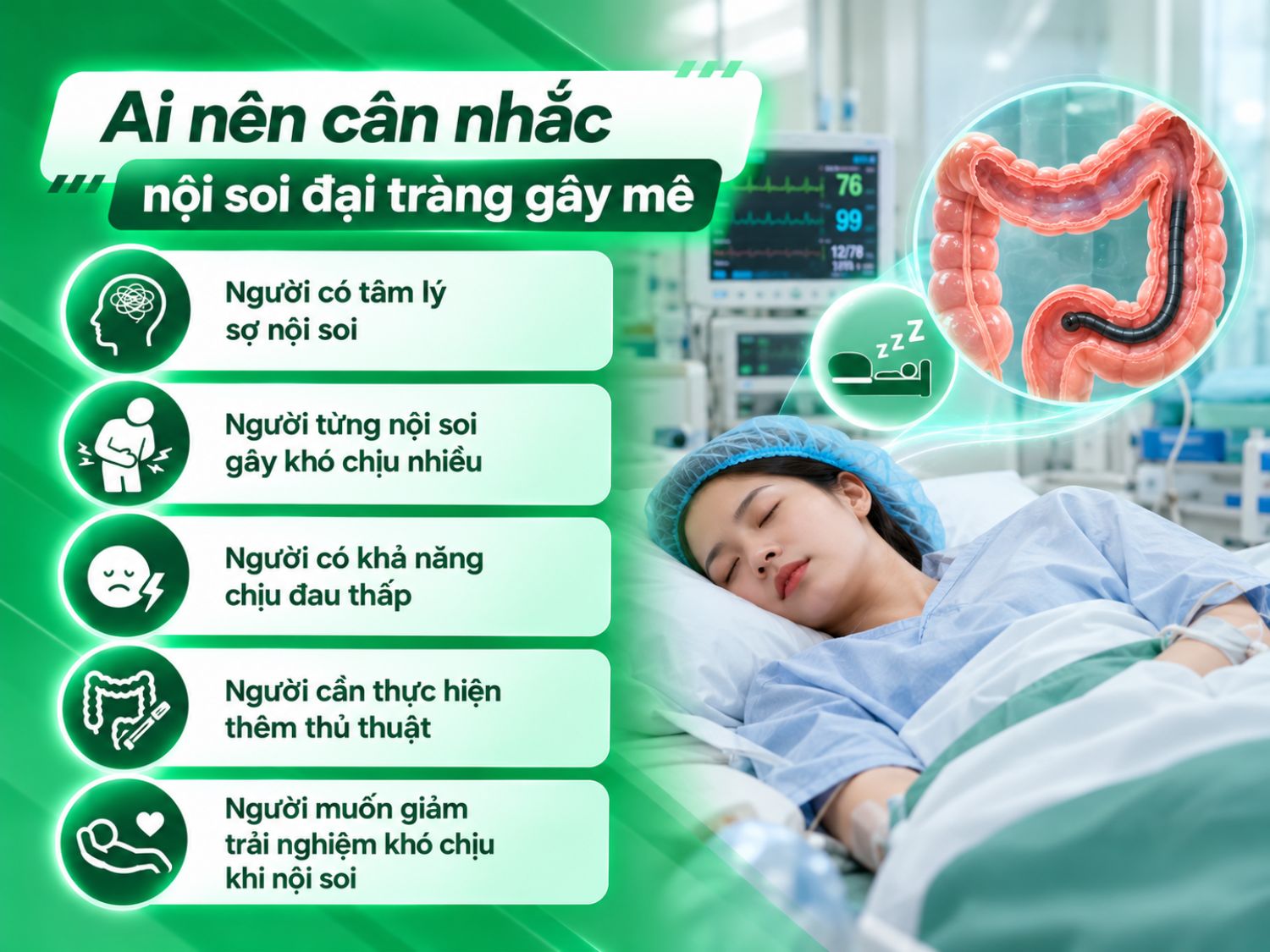 Nội soi đại tràng gây mê có thể phù hợp với người sợ nội soi, khả năng chịu đau thấp, từng khó chịu nhiều khi nội soi hoặc cần thực hiện thêm thủ thuật, sau khi được bác sĩ đánh giá.