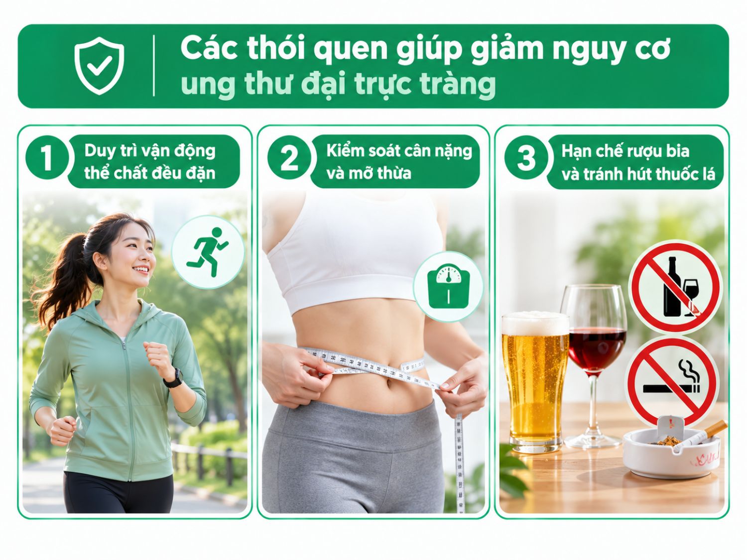 ảnh mô tả duy trì vận động thể chất đều đặn, kiểm soát cân nặng hợp lý và hạn chế rượu bia, tránh hút thuốc lá