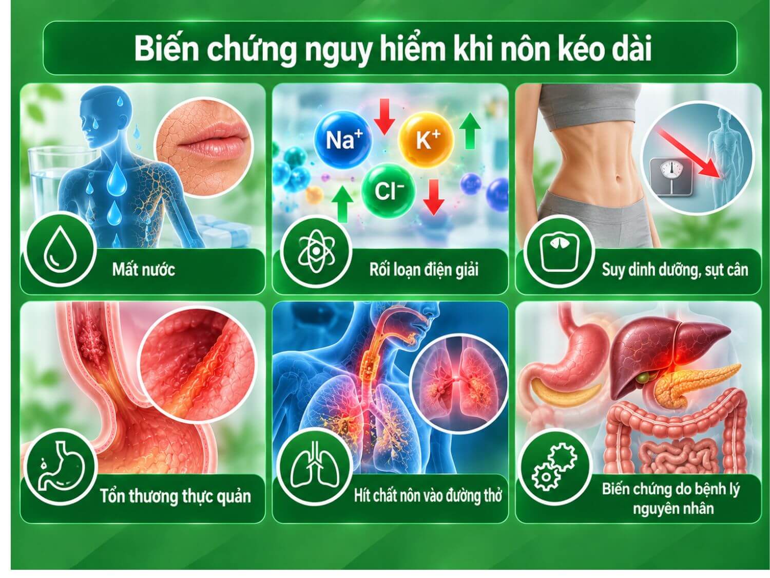 Nôn kéo dài có thể dẫn đến mất nước, rối loạn điện giải, suy dinh dưỡng, tổn thương thực quản, hít chất nôn vào đường thở và biến chứng từ bệnh lý nguyên nhân.