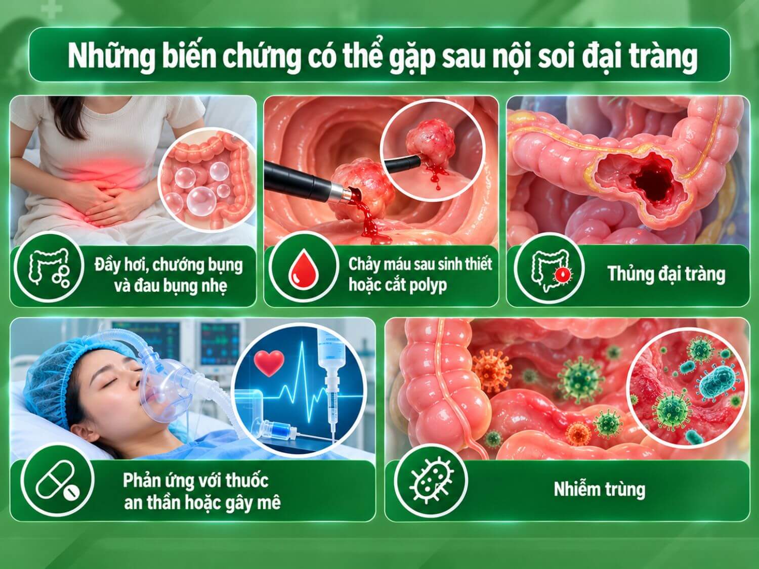 Sau nội soi đại tràng, người bệnh có thể gặp đầy hơi, chướng bụng, đau nhẹ; hiếm hơn là chảy máu, thủng đại tràng, phản ứng với thuốc an thần hoặc gây mê và nhiễm trùng.