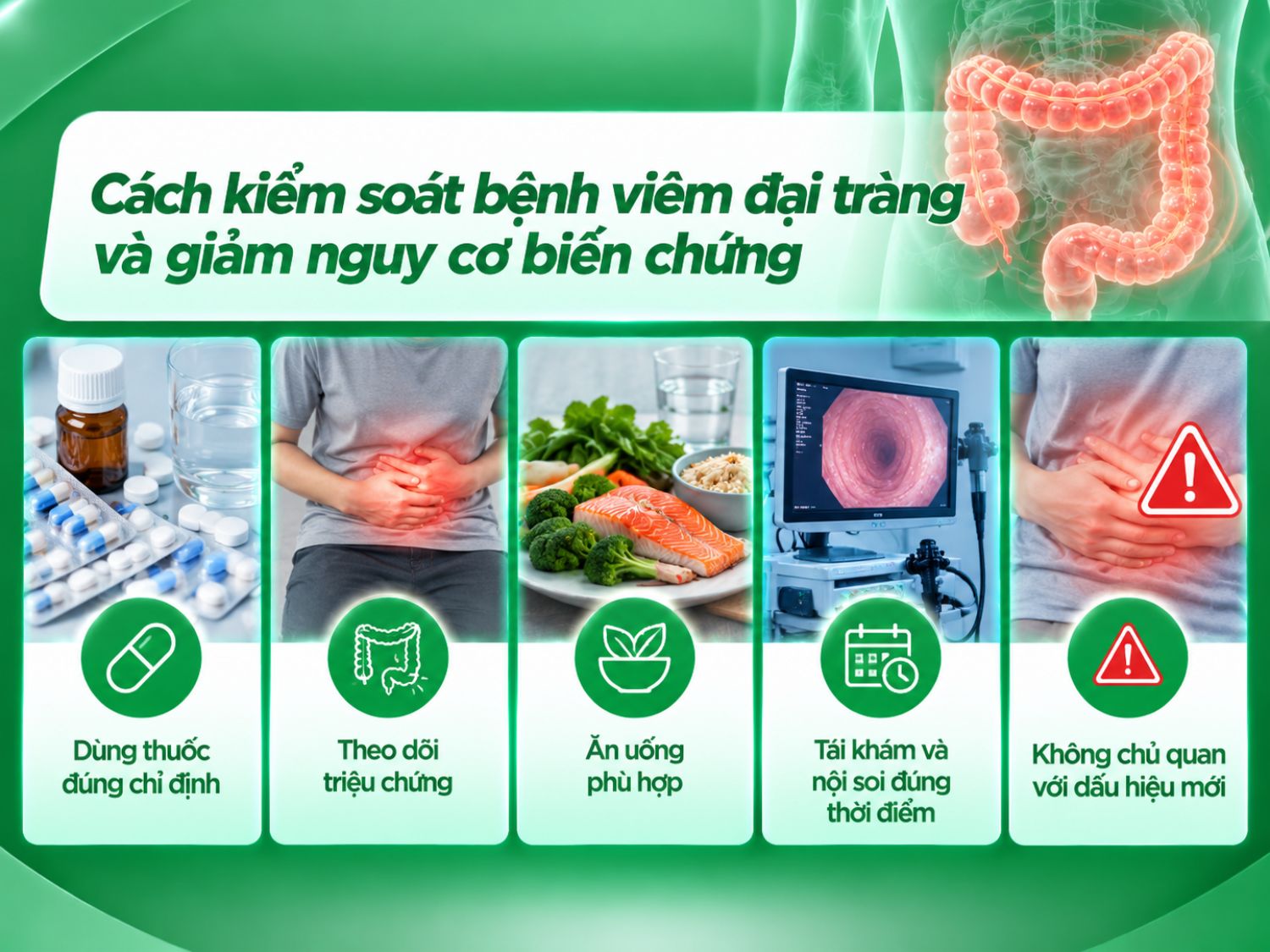 Để kiểm soát viêm đại tràng và hạn chế nguy cơ biến chứng, người bệnh cần tuân thủ phác đồ điều trị, theo dõi triệu chứng, duy trì chế độ ăn phù hợp và tái khám theo hướng dẫn của bác sĩ. Khi xuất hiện dấu hiệu bất thường như đau bụng dữ dội, đi ngoài ra nhiều máu hoặc sốt cao, cần được thăm khám kịp thời.