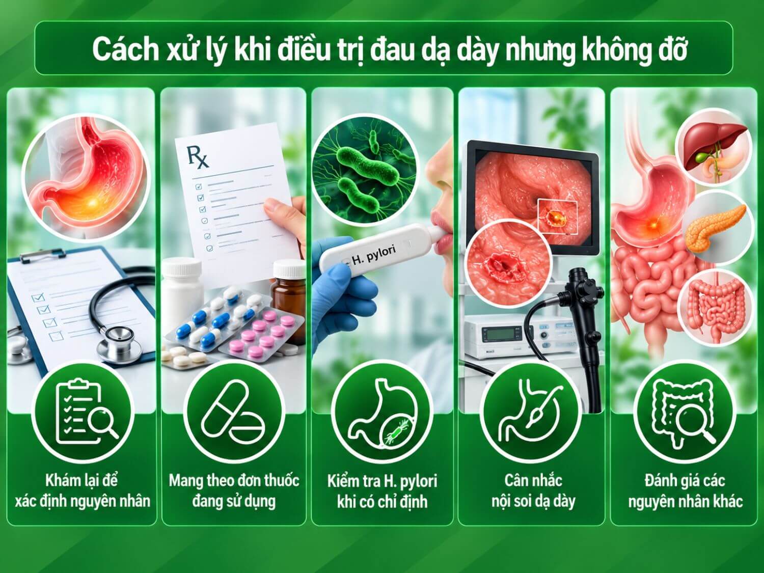 Khi đau dạ dày không cải thiện sau điều trị, người bệnh nên khám lại để xác định nguyên nhân, rà soát thuốc đang dùng, kiểm tra H. pylori và cân nhắc nội soi khi có chỉ định.