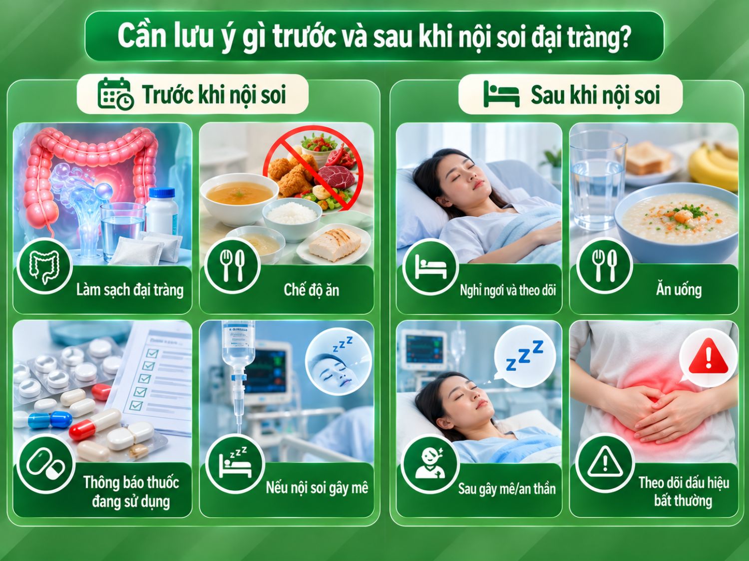 Trước nội soi đại tràng cần làm sạch đại tràng, điều chỉnh chế độ ăn và thông báo thuốc đang dùng; sau nội soi nên nghỉ ngơi, ăn uống phù hợp và theo dõi các dấu hiệu bất thường.