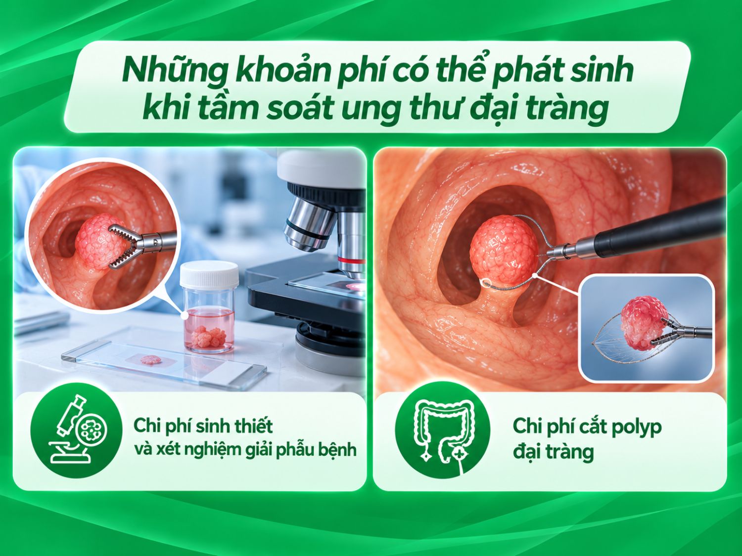 Trong quá trình tầm soát ung thư đại tràng, người bệnh có thể phát sinh thêm chi phí sinh thiết, xét nghiệm giải phẫu bệnh hoặc cắt polyp nếu có chỉ định của bác sĩ.