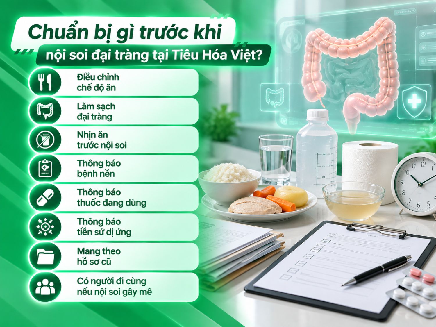 Trước nội soi đại tràng, cần điều chỉnh chế độ ăn, làm sạch đại tràng, nhịn ăn theo hướng dẫn và thông báo bệnh nền, thuốc đang dùng, tiền sử dị ứng cho bác sĩ.